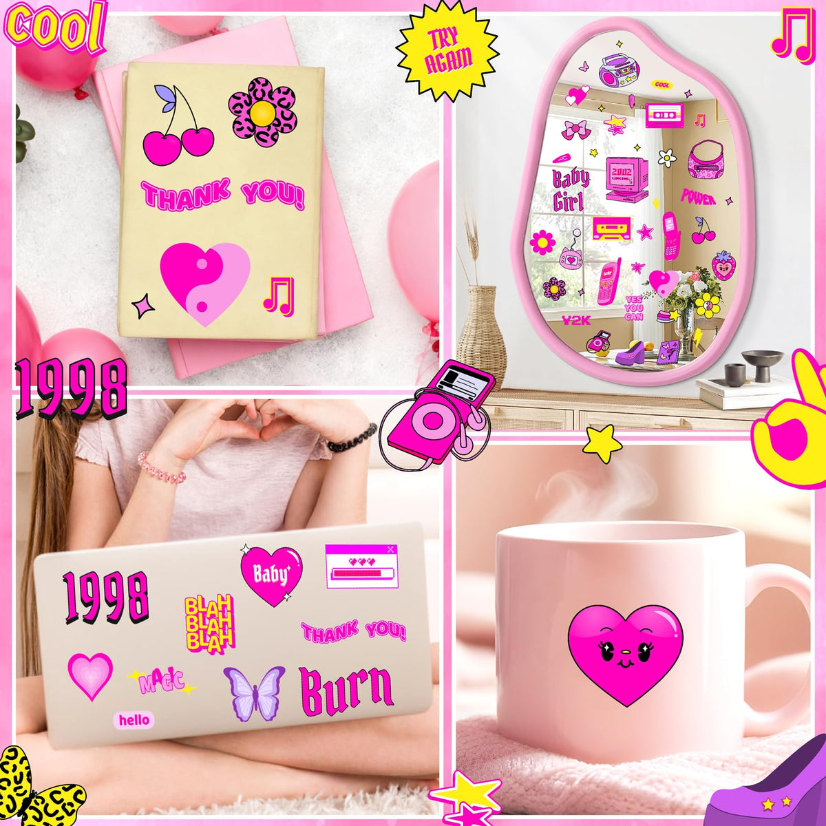 Cute Pink Wall Stickers Princess Girly Wall Decals Aesthetic Trendy Sticker for Girls Room Decor Pink Preppy Stickers for Laptop Water Bottles Decoration Bedroom Playroom Decor
