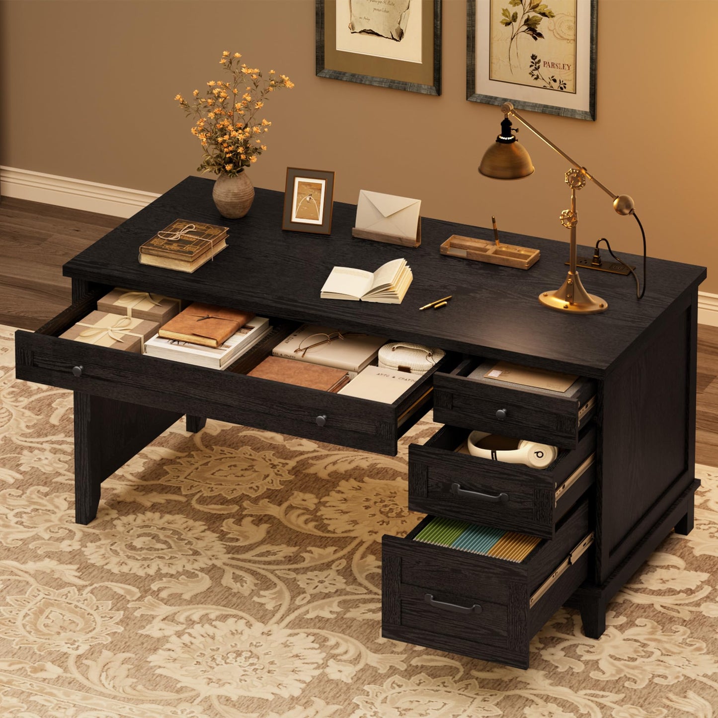 GAOMON 54.5in Wooden Executive Desk with Drawers, Office Desk Computer Table with Charging Station, Farmhouse Home Office Desk with File Cabinet Storage, for Study and Home Office, White Walunt