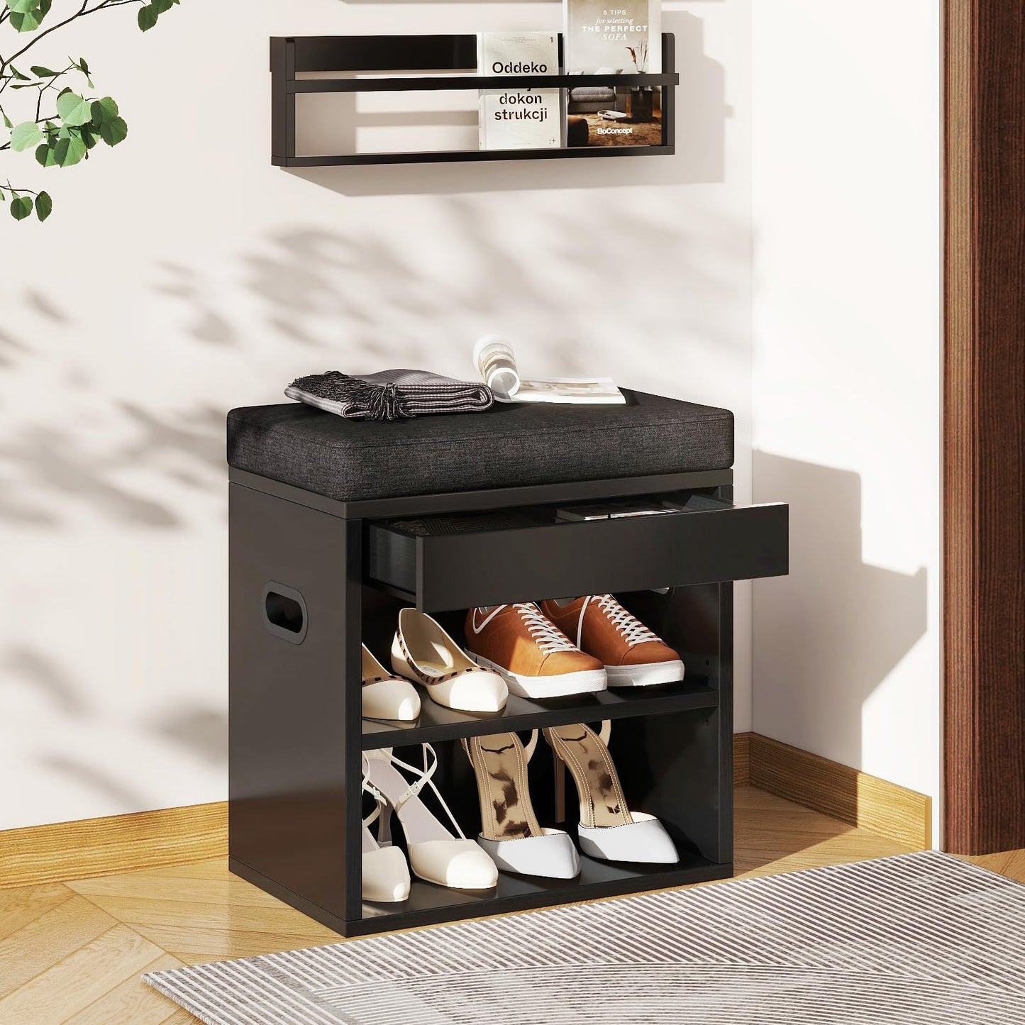 YMYNY Small Shoe Storage Bench with Cushion and Drawer, 2 Tier Adjustable Entryway Bench with Storage, Wooden Shoe Rack Bench for Entryway, Living Room, Hallway, Closet, Bedroom, Black, HSC002B