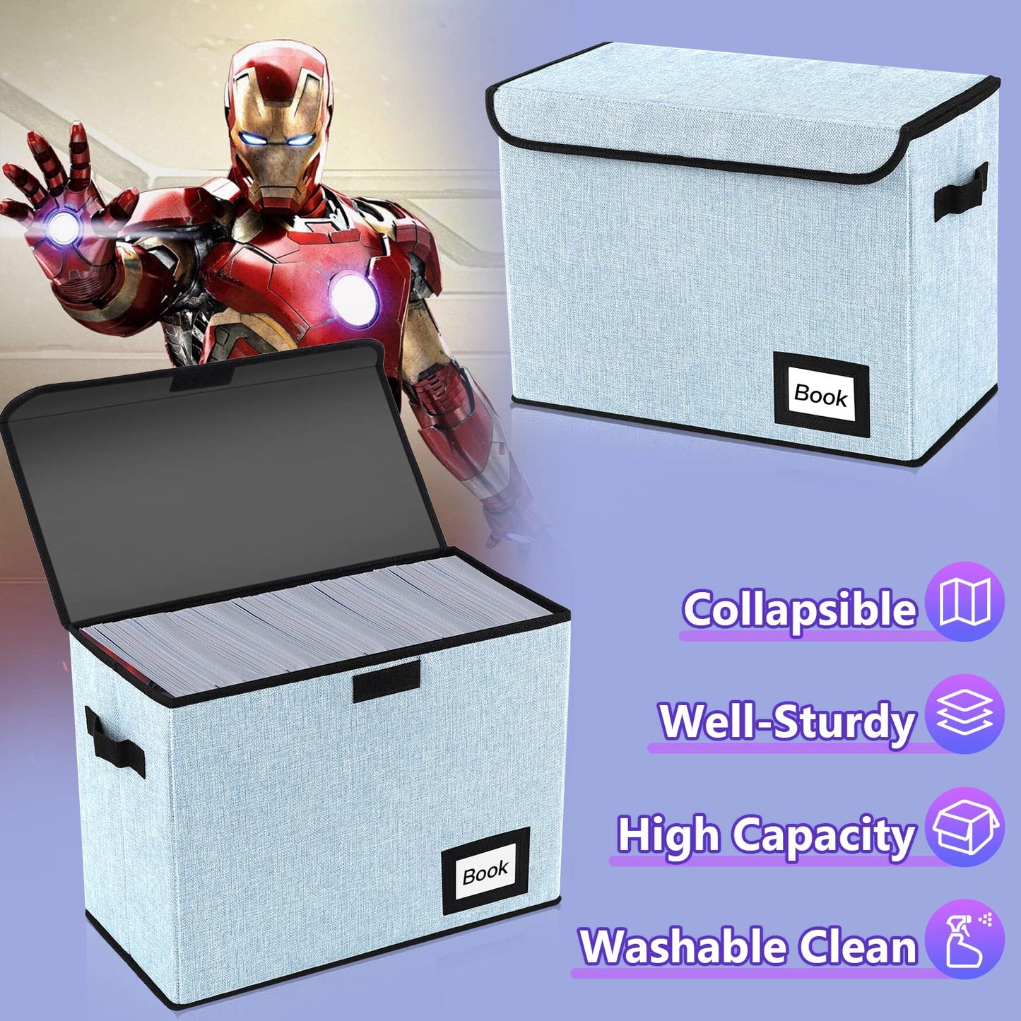 YNSZAS 2 Pack Comic Book Storage Box, Comic Protector Organizer, 15.8" X 7.8" X 11.8", Collapsible Comic Short Box, Holds 160-180 Comic Book Container Holder Shelf Bin (Blue)