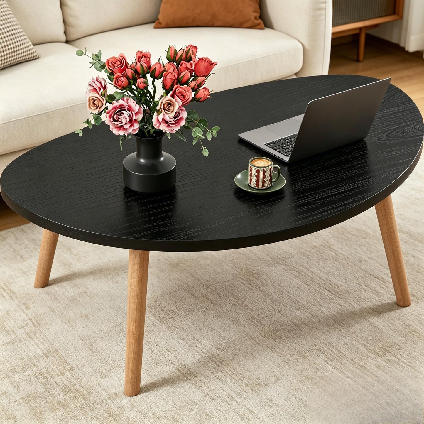 Coffee Table, 31.5“ Low Coffee Tables with Solid Wood Legs, Floor Table Desk for Sitting on The Floor, Easy Assembly Small Japanese Coffee Table for Living Room, Apartment, Office (Large Tri Black)