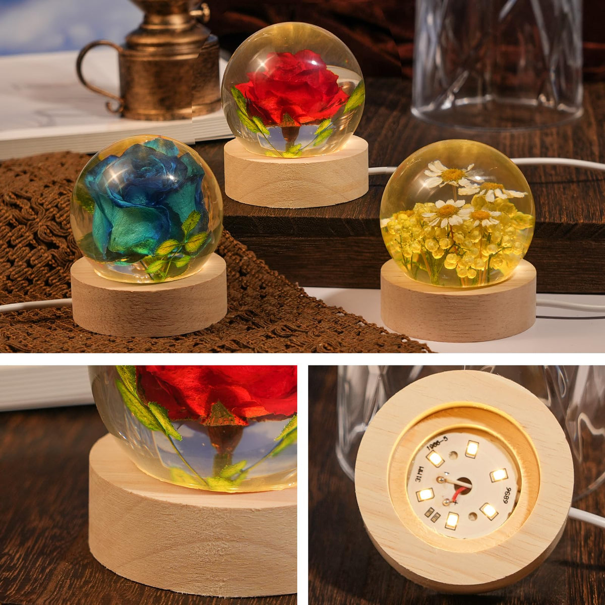 QNCMBUG Chamomile Crystal Ball Night Light - Real Chamomile Encased in Glowing Resin Ball, USB-Powered Desk Lamp with Wood Base, Unique Daisy Gift for Valentine's Day, Mother's Day & Home Decor