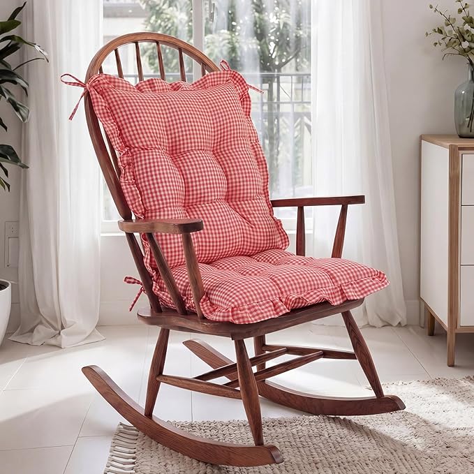 Lewtemi 2 Set Red Gingham Rocking Chair Cushion Village Ruffled Rocking Chair