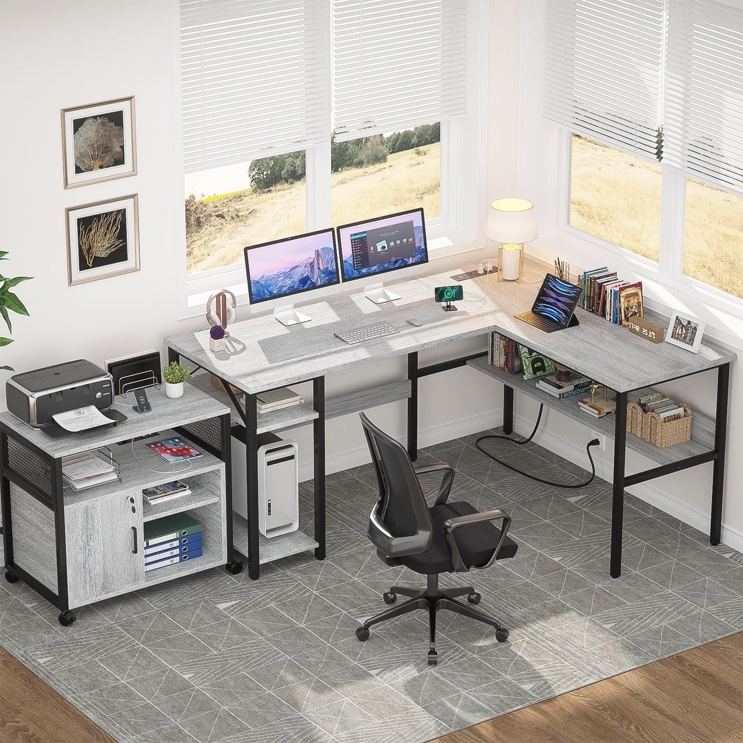 Unikito L Shaped Computer Desk with Magic Power Outlets and USB Charging Ports, Sturdy Reversible Corner Desk with Storage Shelves, Modern Work Desk for Home Office, Easy to Assemble, White Oak