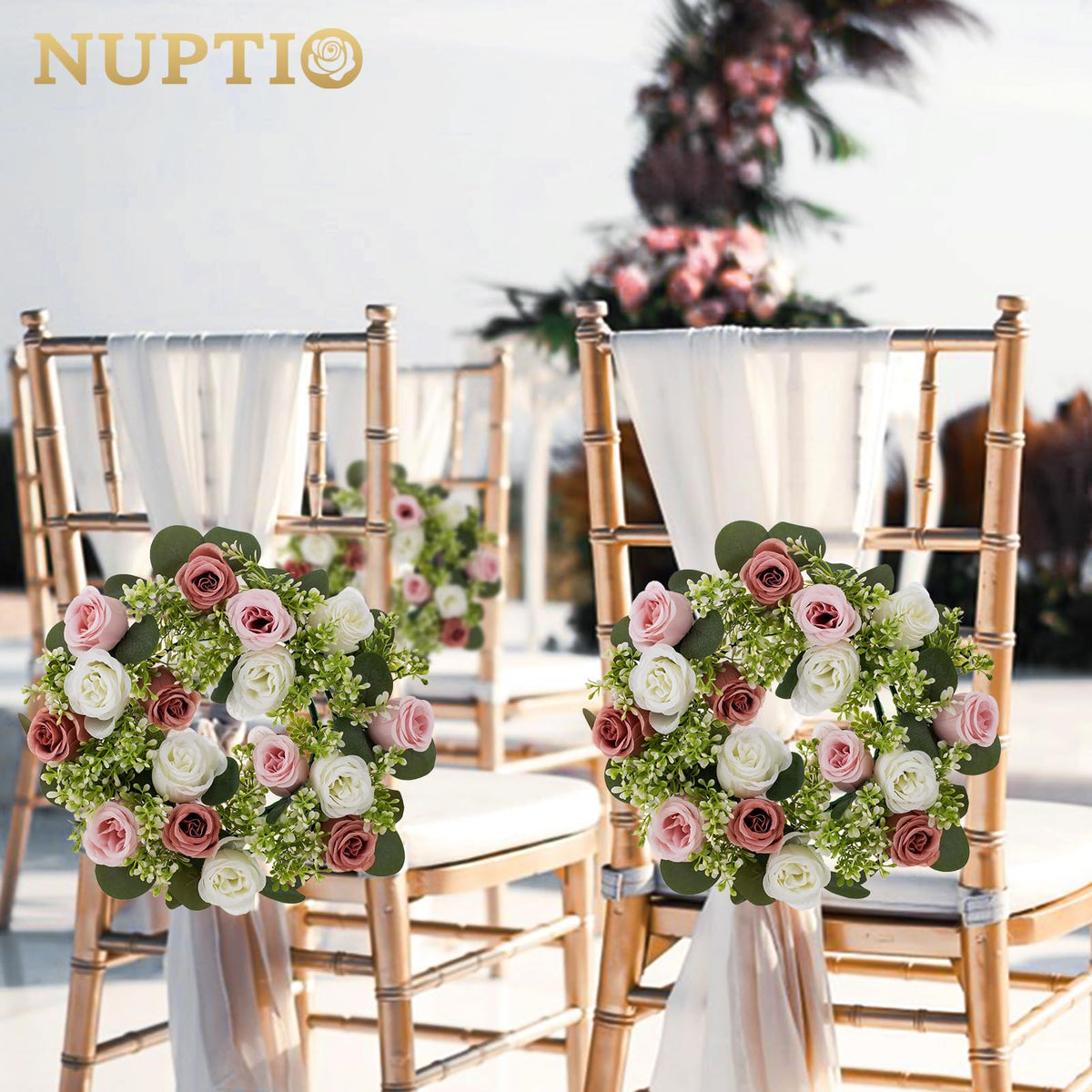 NUPTIO Flower Candle Rings for Centerpieces: 13.4 Inch Artificial Rose Wreath for Wedding Party Christmas - Dusty Rose & White Wreaths for Spring Summer Front Door Porch Table Decor 2 Pcs