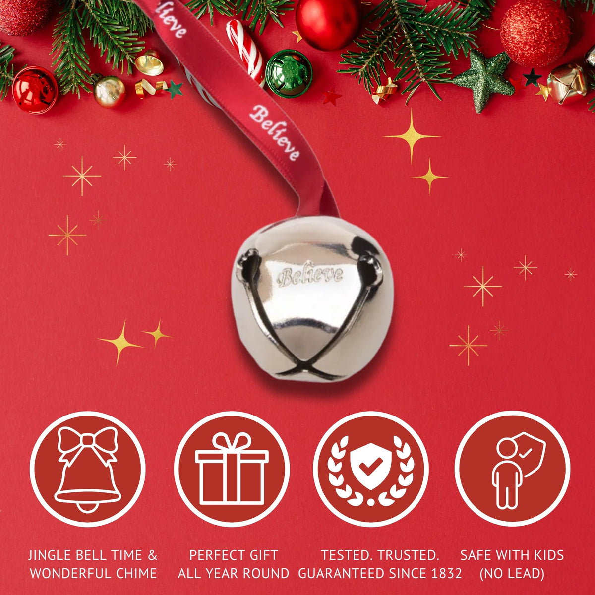 Bevin Bells Believe Sleigh Bells Ornament (3-Pack) | 1.5" Made of Steel | Hanging Bells with a Red Satin Believe Ribbon & Red Velvet Bag | Great Tone | Xmas Gift or Stocking Stuffer | Made in USA