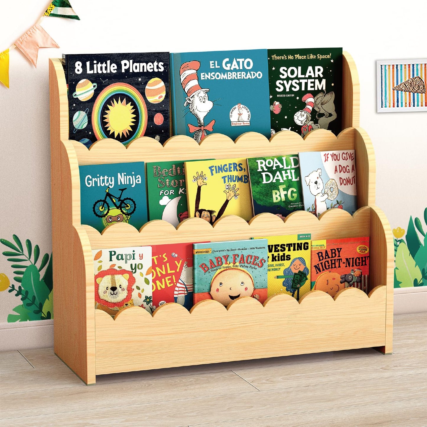 NANATI 3-Tier Scalloped Kids Bookshelf, Solid Pine Wood Nursery Book Shelves, Montessori Bookcase,Toddler Bookshelf for Kids Room, Childrens Book Shelf Organizer for Playroom and Classroom