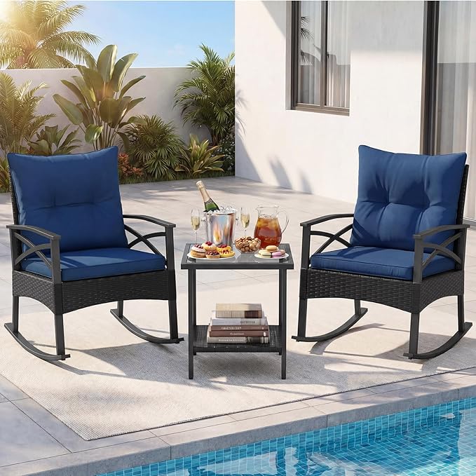 Tangkula 3 Pieces Outdoor Rocking Chairs Set, Rattan Heavy Duty Cushioned