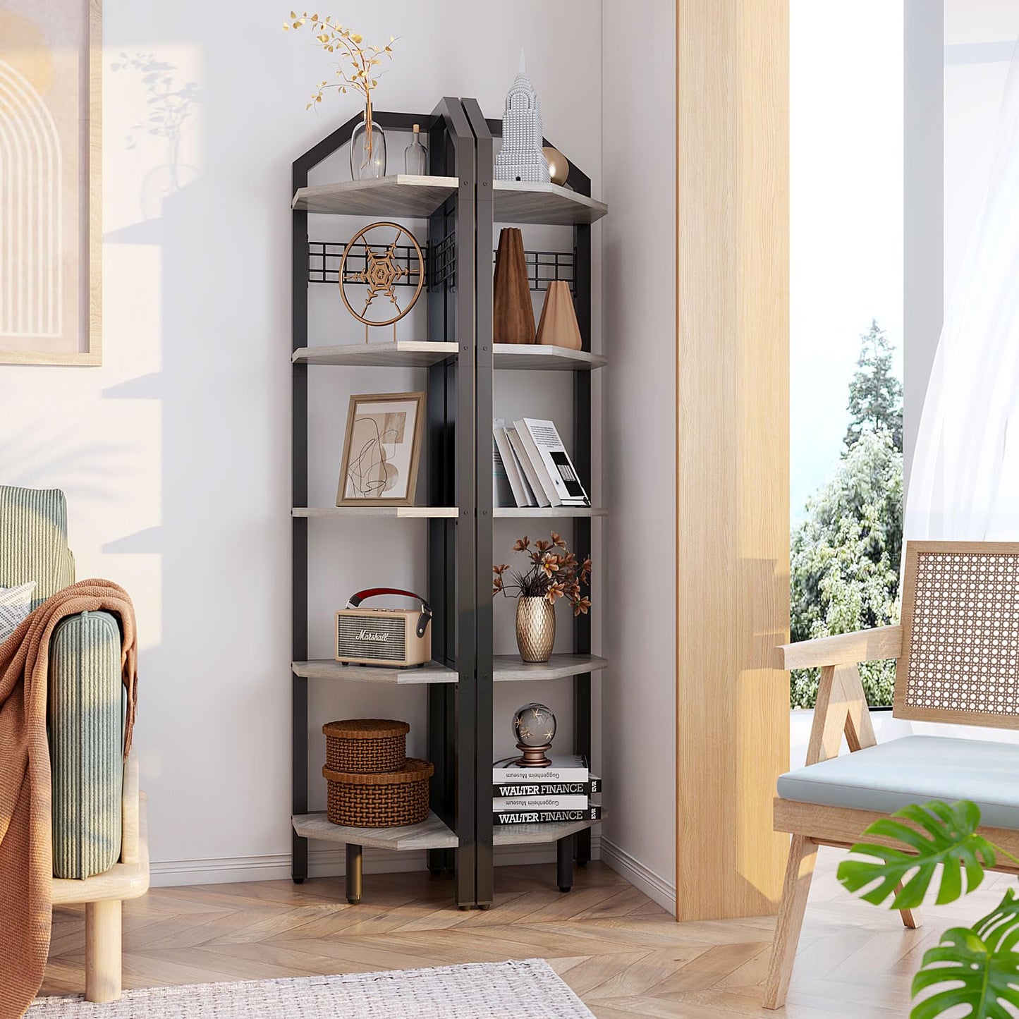 YMYNY 5-Tier Corner Shelf, Freestanding Corner Bookcase with 6 Wooden Clips and 6 S-Hooks, Multi Display Shelf Rack for Living Room, Bathroom, Bedroom, Small Space, Silver Gray, 69" H, UHBR006Y