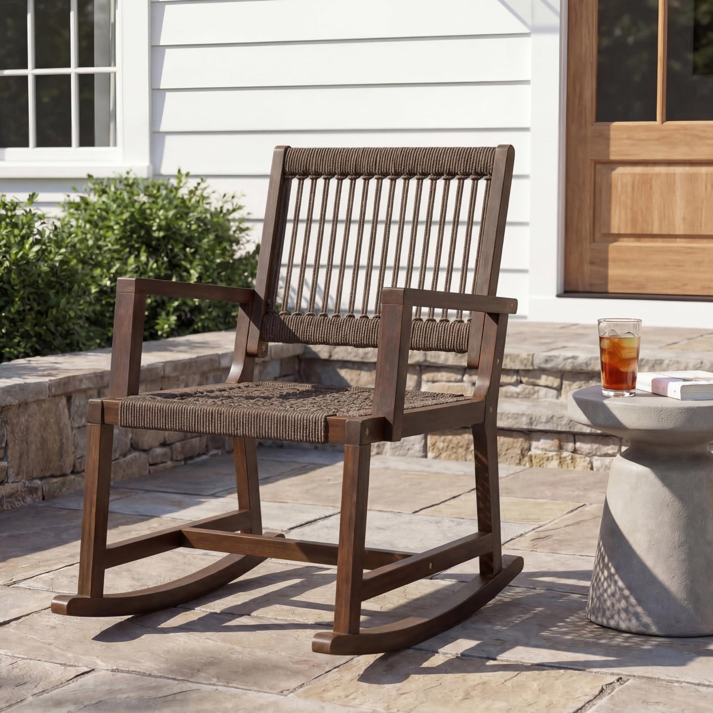 JONATHAN Y Laguna Solid Acacia Wood Outdoor Rocking Chair with Brown Woven Rope, Coastal Porch Rocker for Patio, Balcony and Living Room, 24" x 32" x 38", 352 lbs Capacity RCK103C
