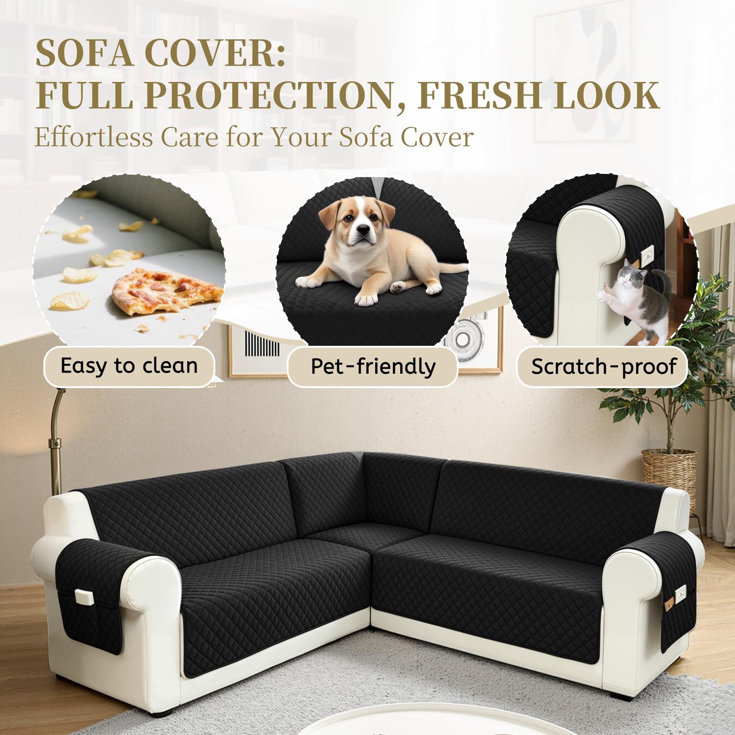 SYJOVIA Sectional Couch Covers for Dogs 100% Waterproof Corner L Shaped Sofa Cover Pet Friendly Velvet Washable Anti Slip L Shape Modular Sofa Slipcover Protector with Pockets (Black, XX-Large)