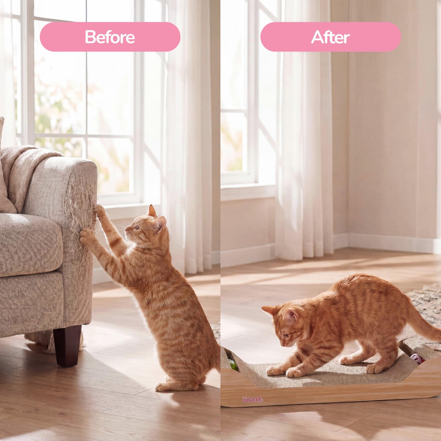 THE LICKER Store Rini 23.75" Modern Cardboard Cat Scratcher Lounge Bed with Built-in Bell Toys and Catnip, Ergonomic Curved Sofa Design, Oak Wood Finish CSR1003C