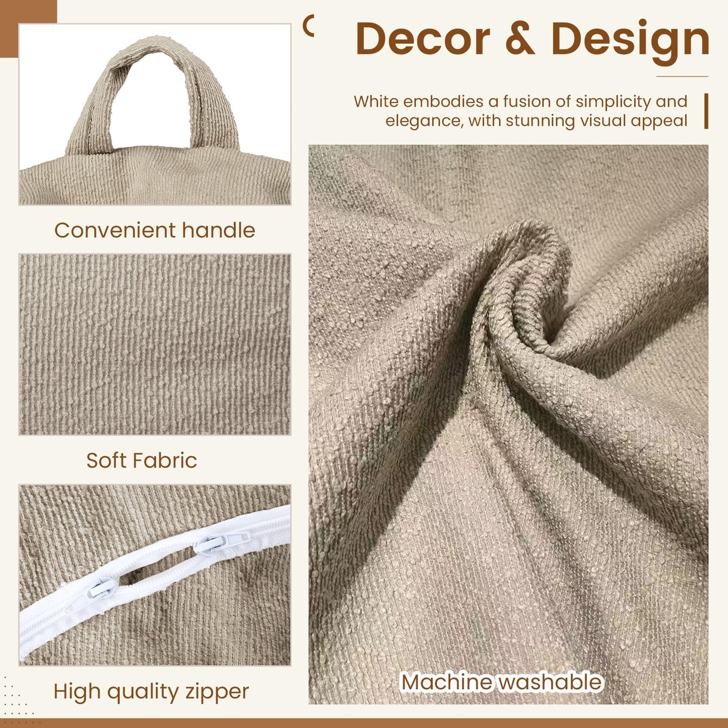 Honeydak 300l Boucle Bean Bag Cover (No Filler), Textured Stuffed Animal Storage Bean Bag Chair Cover Without Filling for Boho Room Organizing Plush Toys or Textile, 40 x 38 x 38(Light Brown)