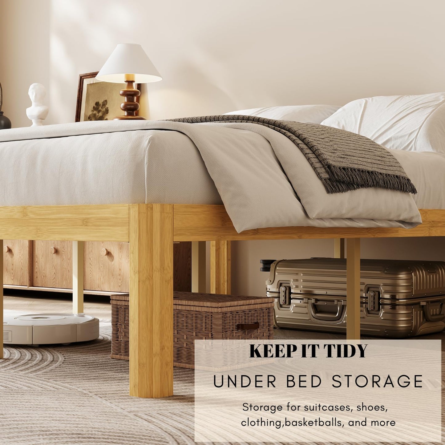 COMASACH 18 Inch Queen Wood Platform Bed，Mid-Century Wood Bed Frame Queen Size, No Box Spring Needed, Natural Finish, Easy Assembly