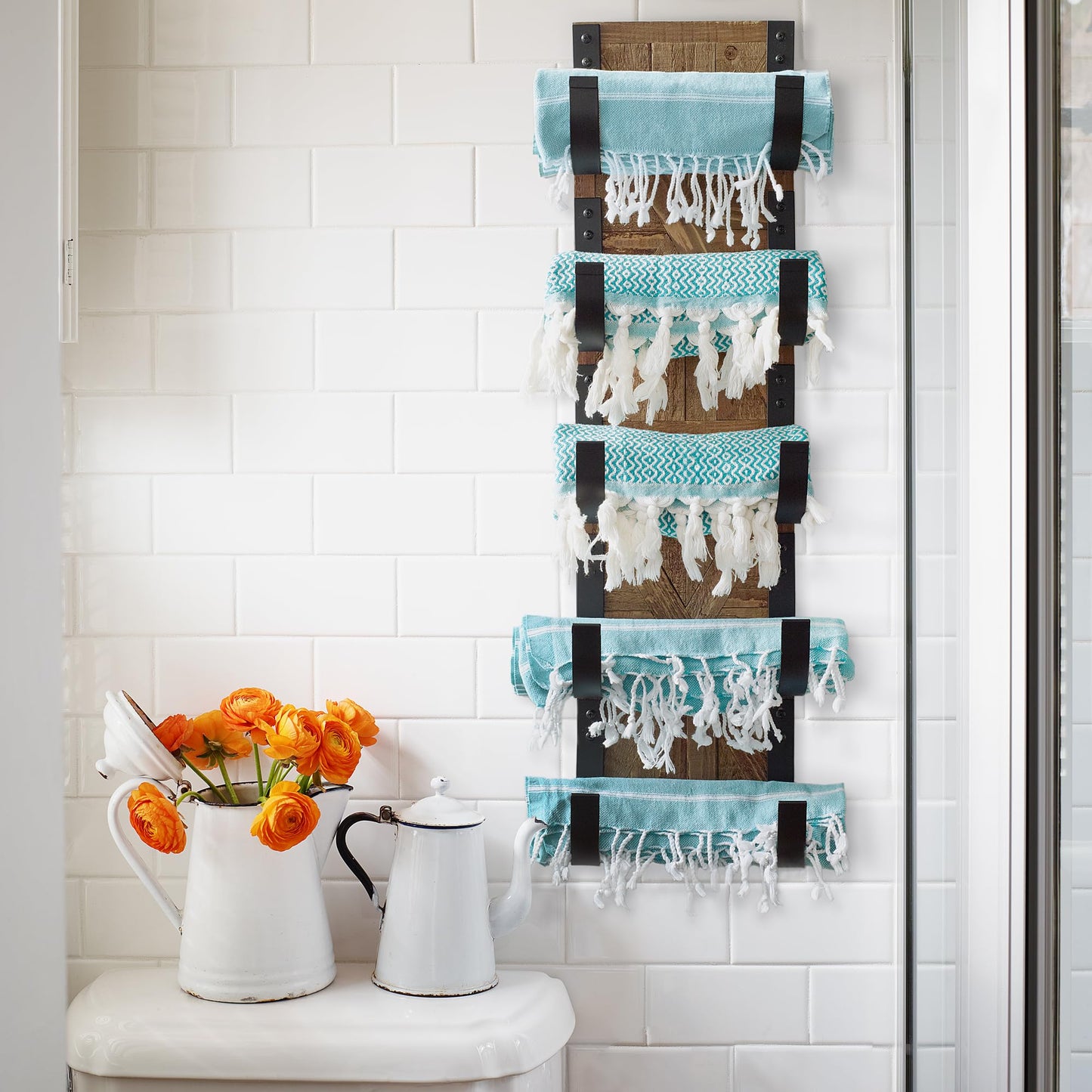 Autumn Alley Rustic Farmhouse Towel Rack for Rolled Towels – Stunning Barn Wood Farmhouse Bathroom Decor for Wall – Expertly Inlaid Wood with Matte Black Bar for Western Bathroom Decor