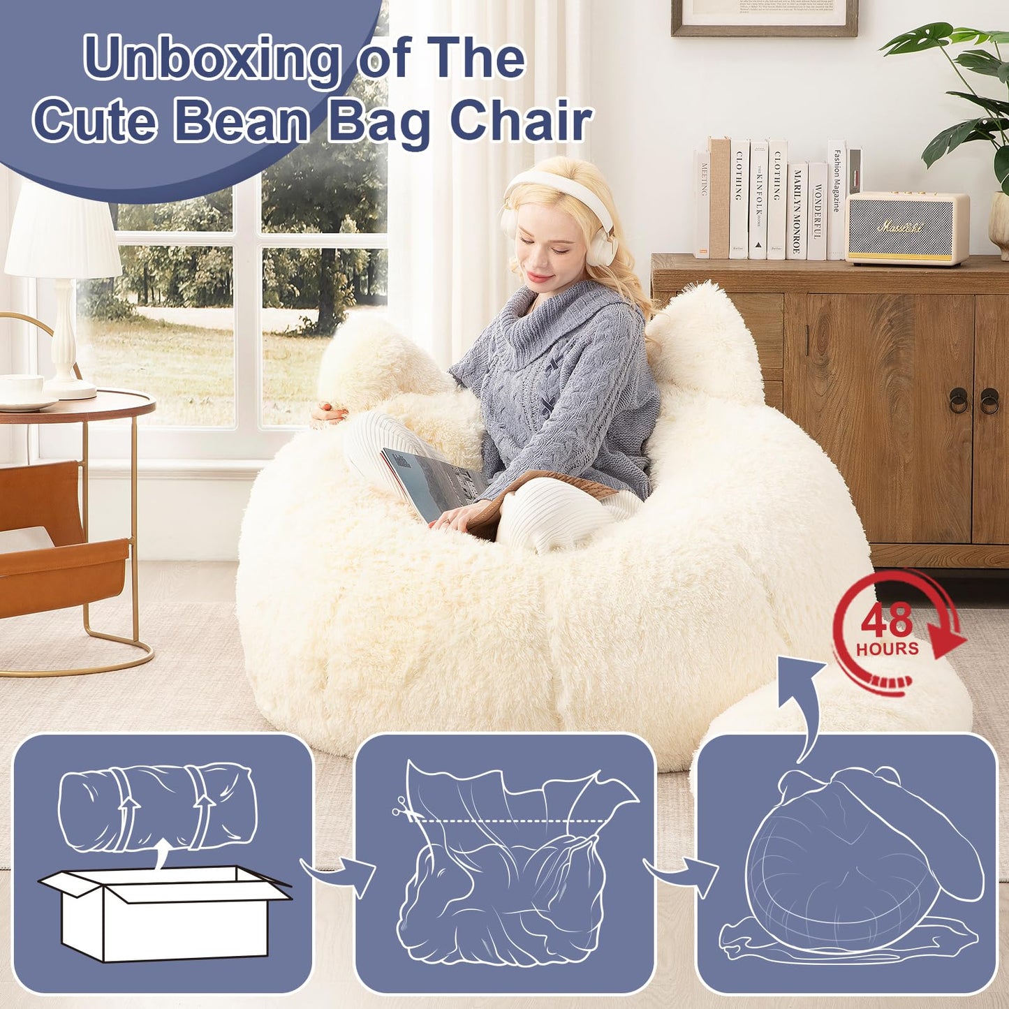 Achicsofar Bean Bag Chair for Adults Teens Giant Faux Fur Bean Bag Chairs with Filler Fluffy Plush Cat Shaped Beanbag Couch Comfy Accent Floor Sofa for Gaming, Reading in Living Room, Bedroom, Dorm