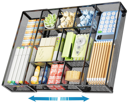 Marbrasse Expandable Desk Drawer Organizer, Mesh Drawer Organizer Tray with 10 Adjustable Compartments, Desk Organizers and Accessories, 5 Dividers Drawer for Office Supplies, Makeup & Vanity (Black)