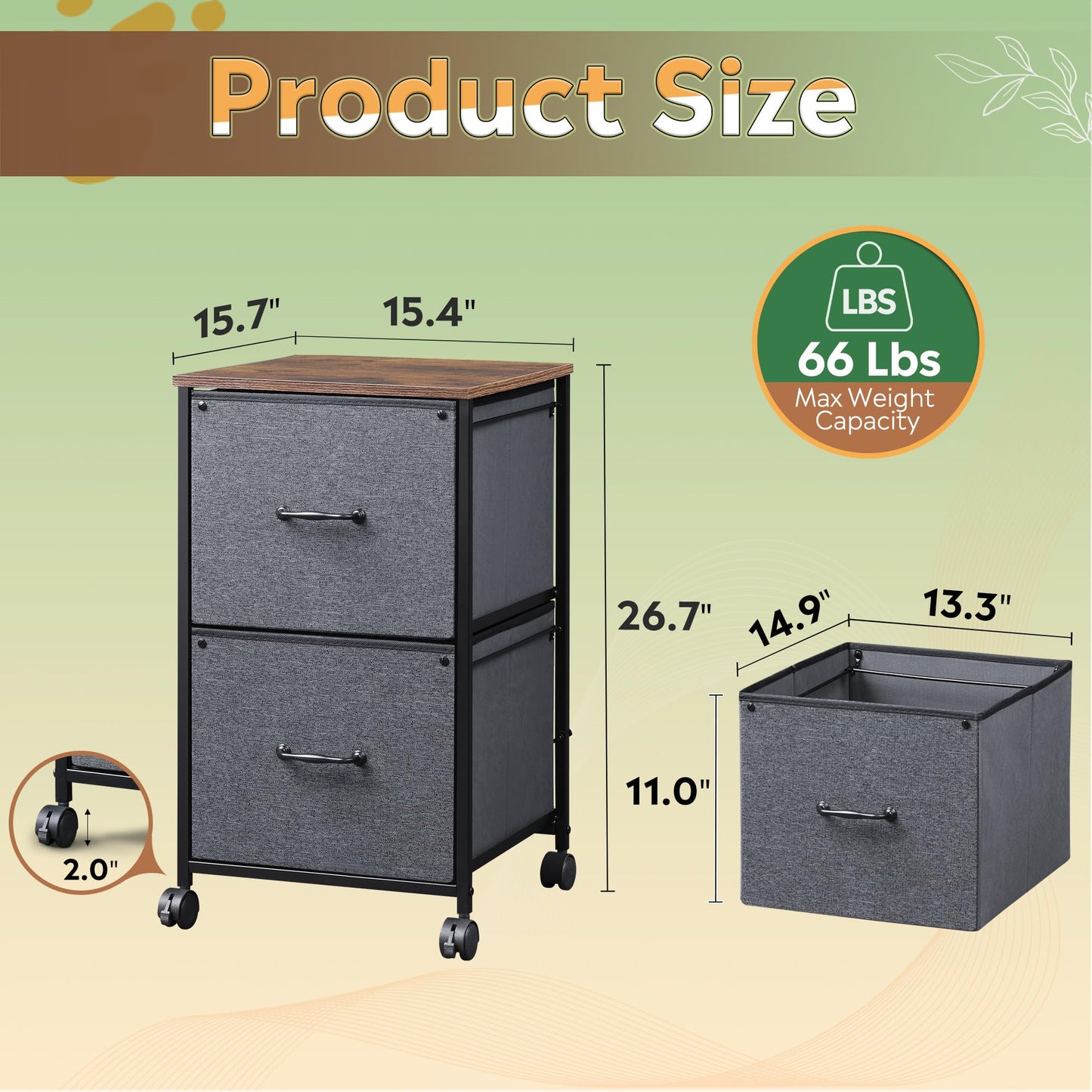 DEVAISE 2 Drawer Mobile File Cabinet, Rolling Printer Stand, Fabric Vertical Filing Cabinet fits A4 or Letter Size for Home Office, Rustic Brown Wood Grain Print