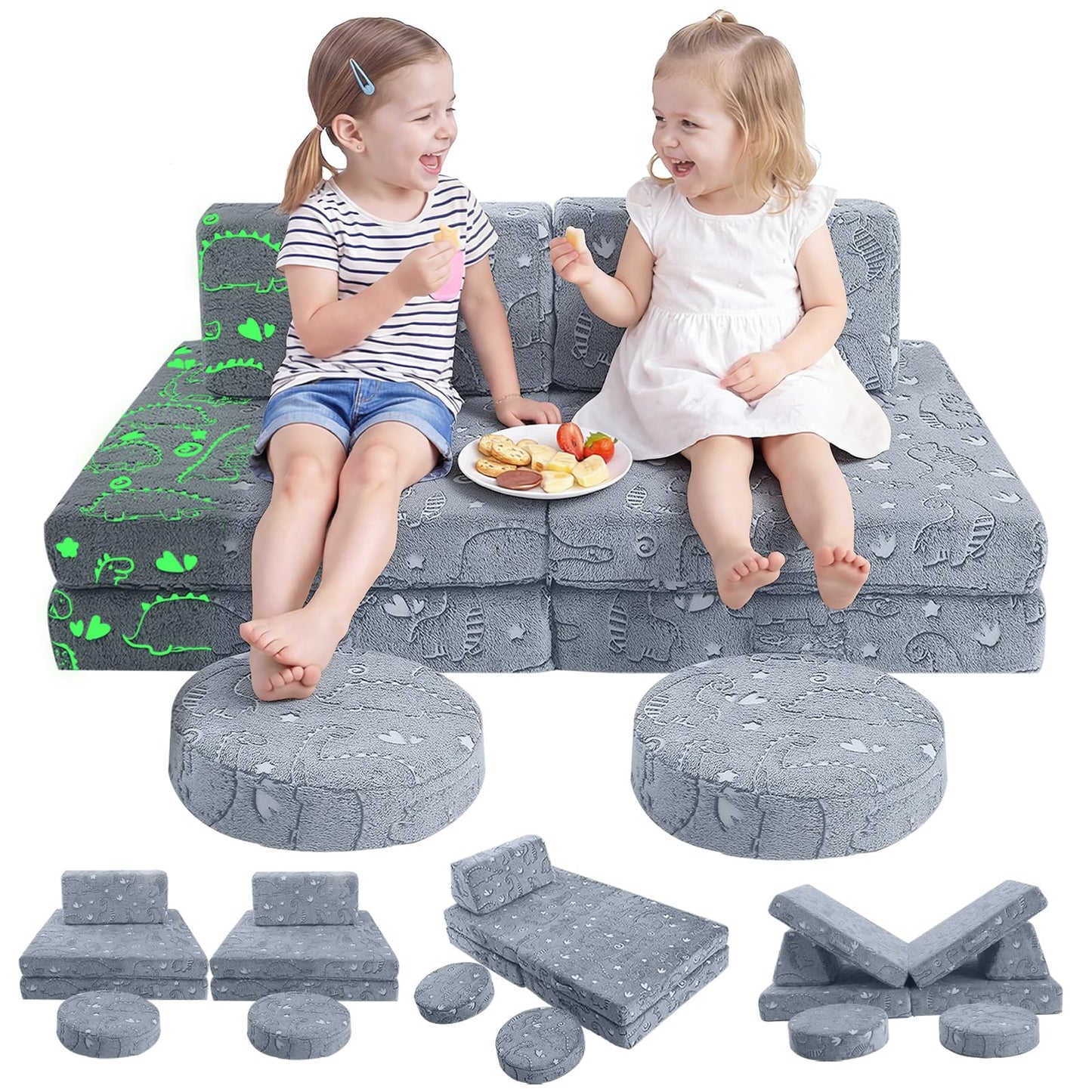 MeMoreCool Kids Couch, Glow in the Dark Dinosaur Foam Play Couch, Ages 3+