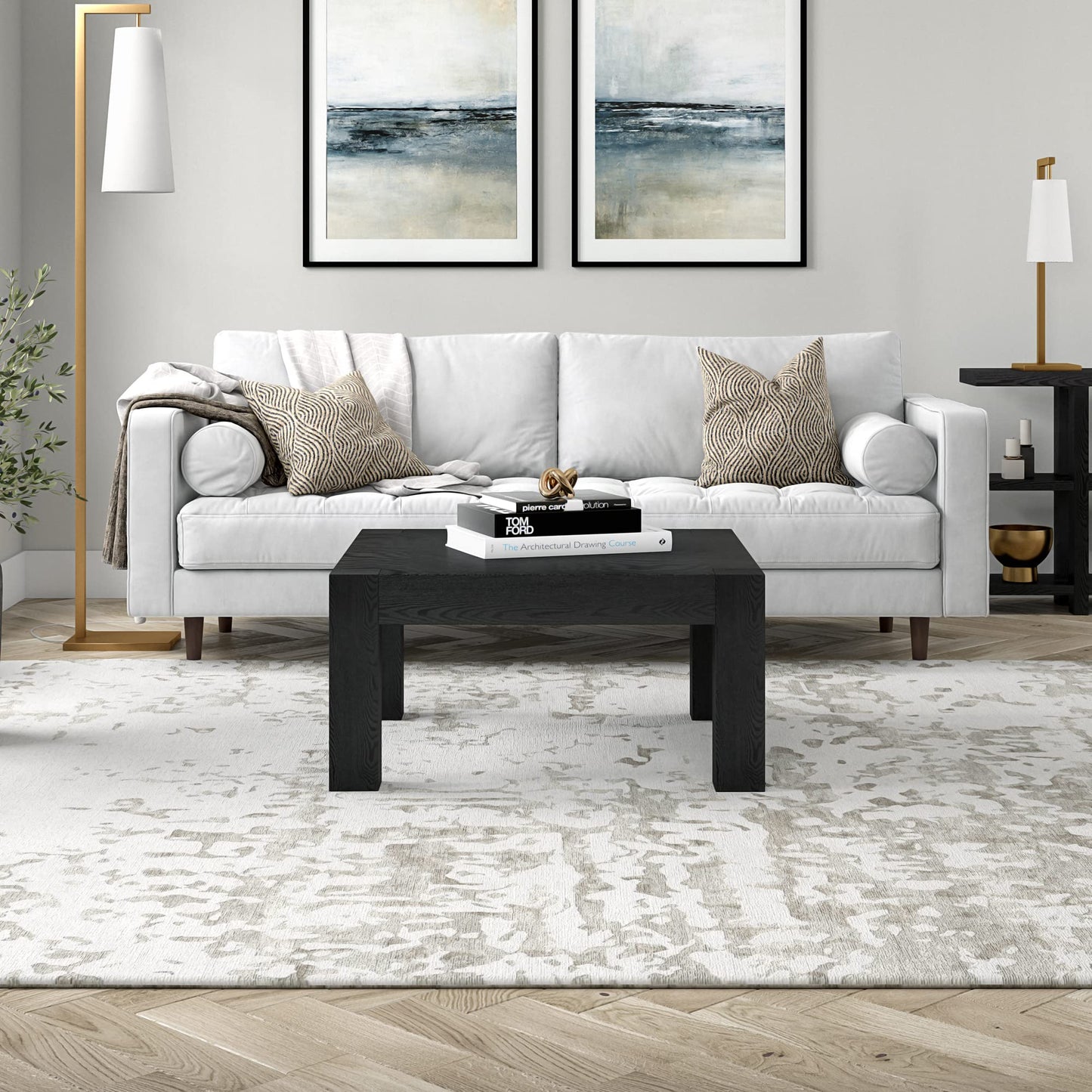 Henn&Hart 34" Square Coffee Table with Wood Top for Living Room, Family Room, Office, or Apartment, Natural Black