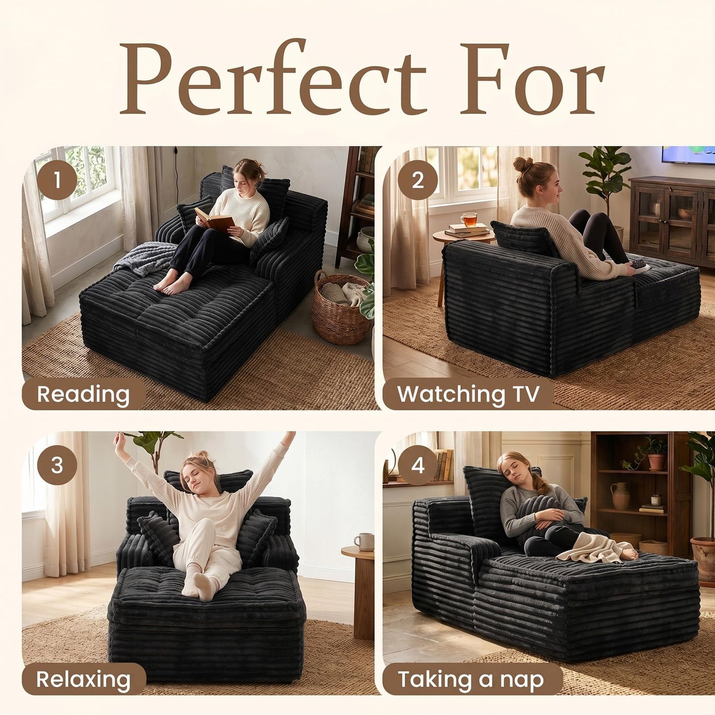 feliz home Boneless Chaise Lounge Couch Indoor, Small Corduroy Upholstered Sleeper Sofa Bed Reading Chairs with 3 Pillows, Fluffy Comfy Cloud Sofas Couches, Compression Boneless Sofa for Small Corner