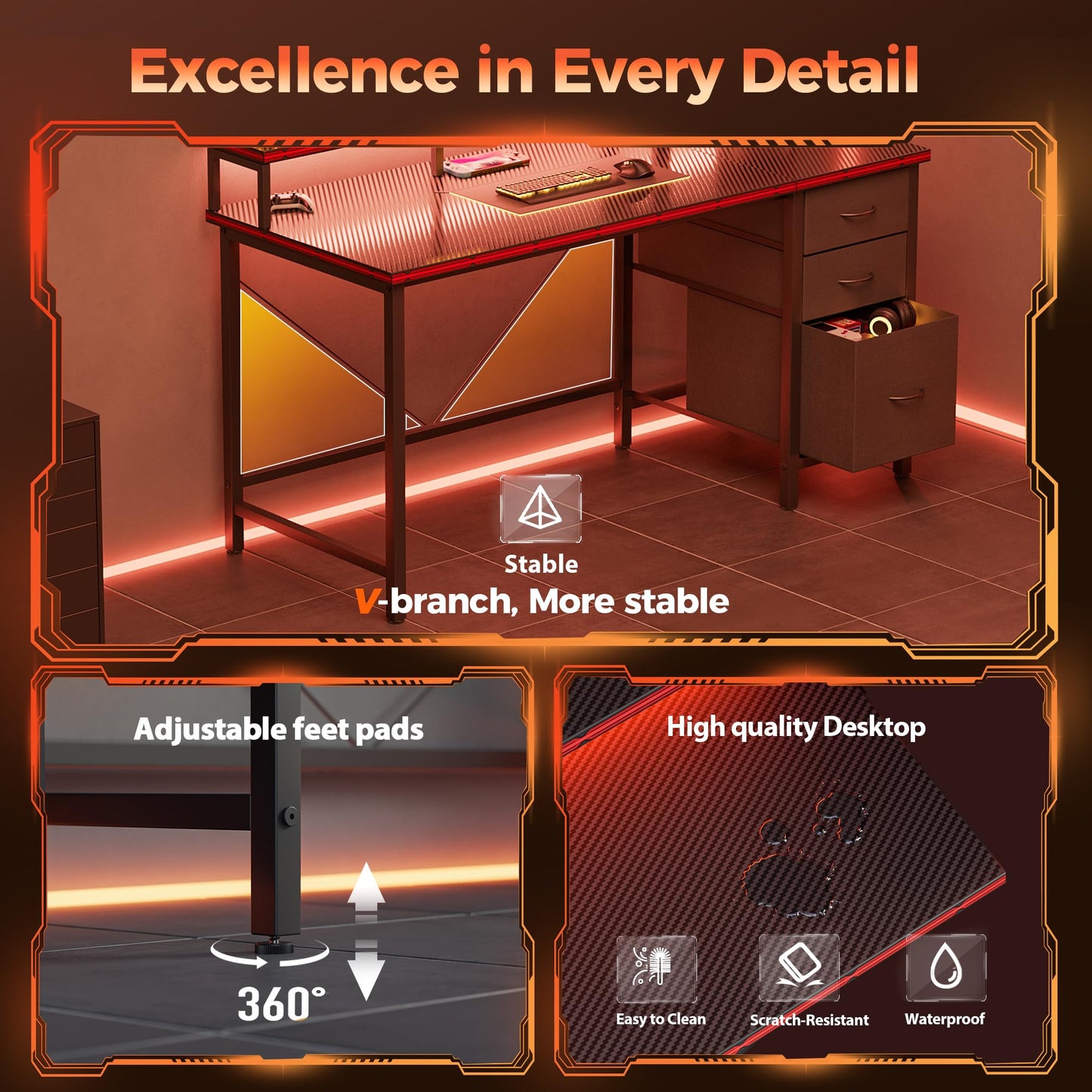 Mericonia 63 inch Computer Desk with Storage Drawers & Monitor Stand, Reversible Gaming Desk with LED Lights & Power Outlets, Large Gaming Table for Home Office