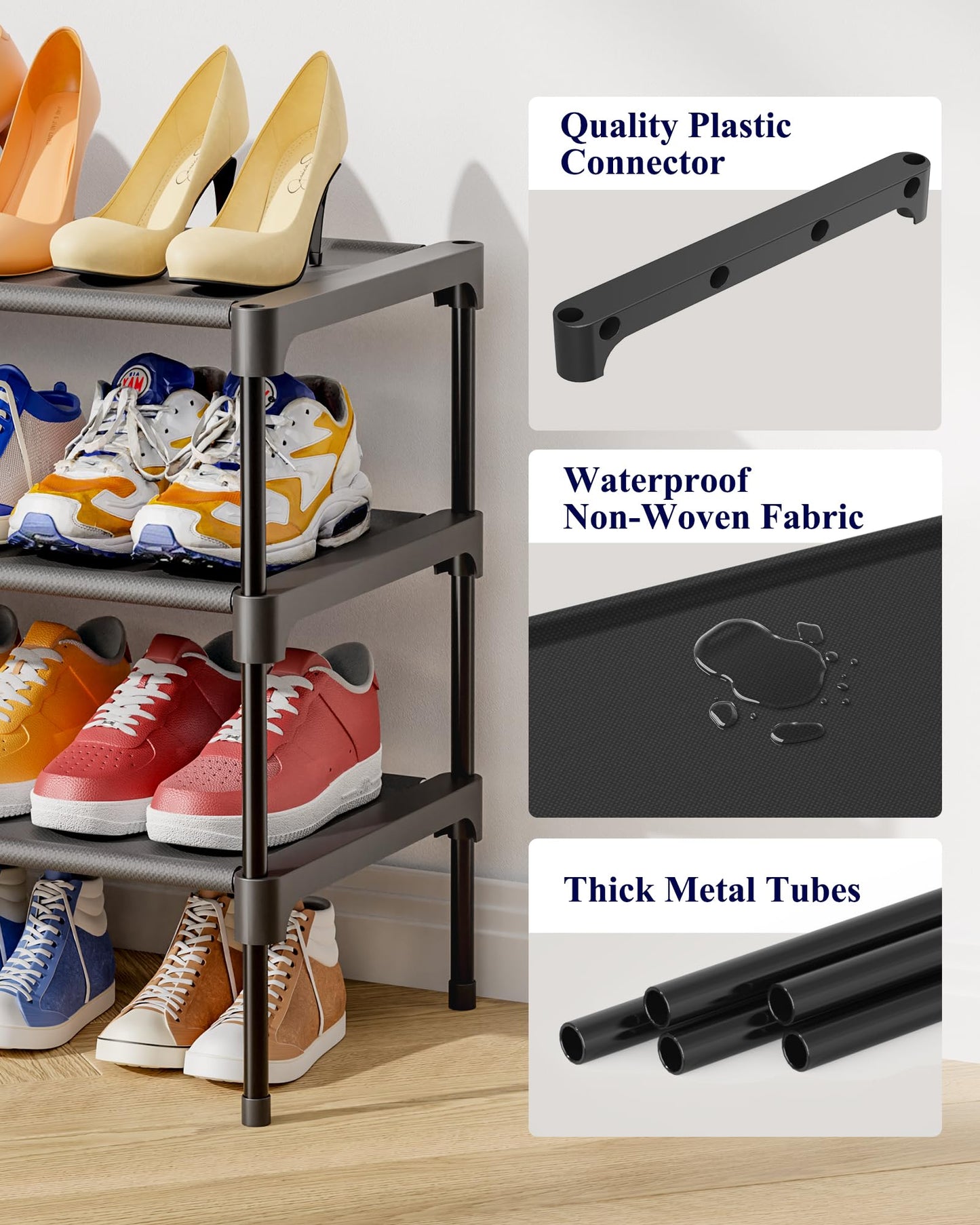 Kitsure Shoe Rack - Non-Woven Shoe Rack Shelf, Shoe Organizer for Closet, Entryway, Garage & Corridor, Stackable Shoe Shelves, 27.5" Wide - 3 Tier, Black