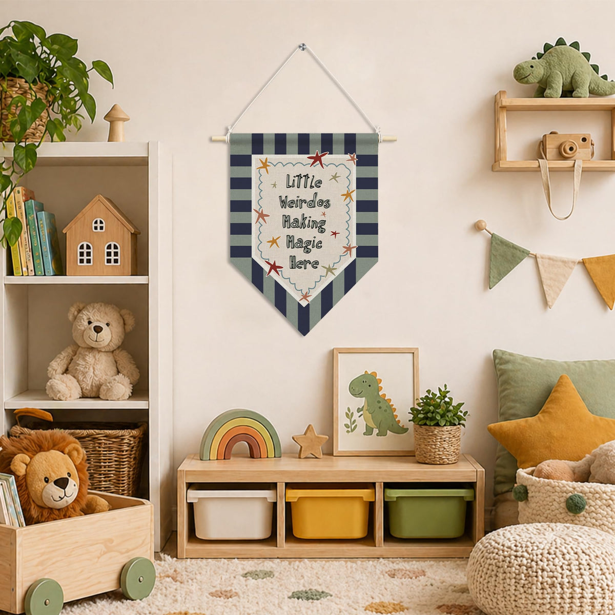 RUKUPA Playroom Wall Art Decor, Kids Room Hanging Pennant Flag, Little Weirdos Making Magic Nursery Wall Art Poster Hanger for Kids Toddler Boys Room Bedroom Playroom Decor, 11x15 Inch
