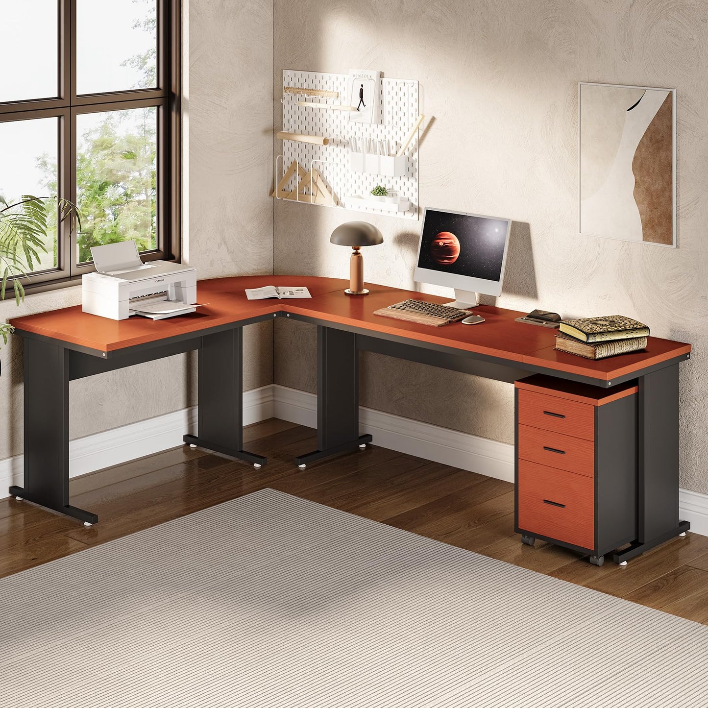 LITTLE TREE 82.67" Long Executive Desk with Drawers, Large L-Shaped Office Desk with Mobile File Cabinet, Farmhouse Computer Office Furniture Workstation with Storage for Home Office, Red Brown