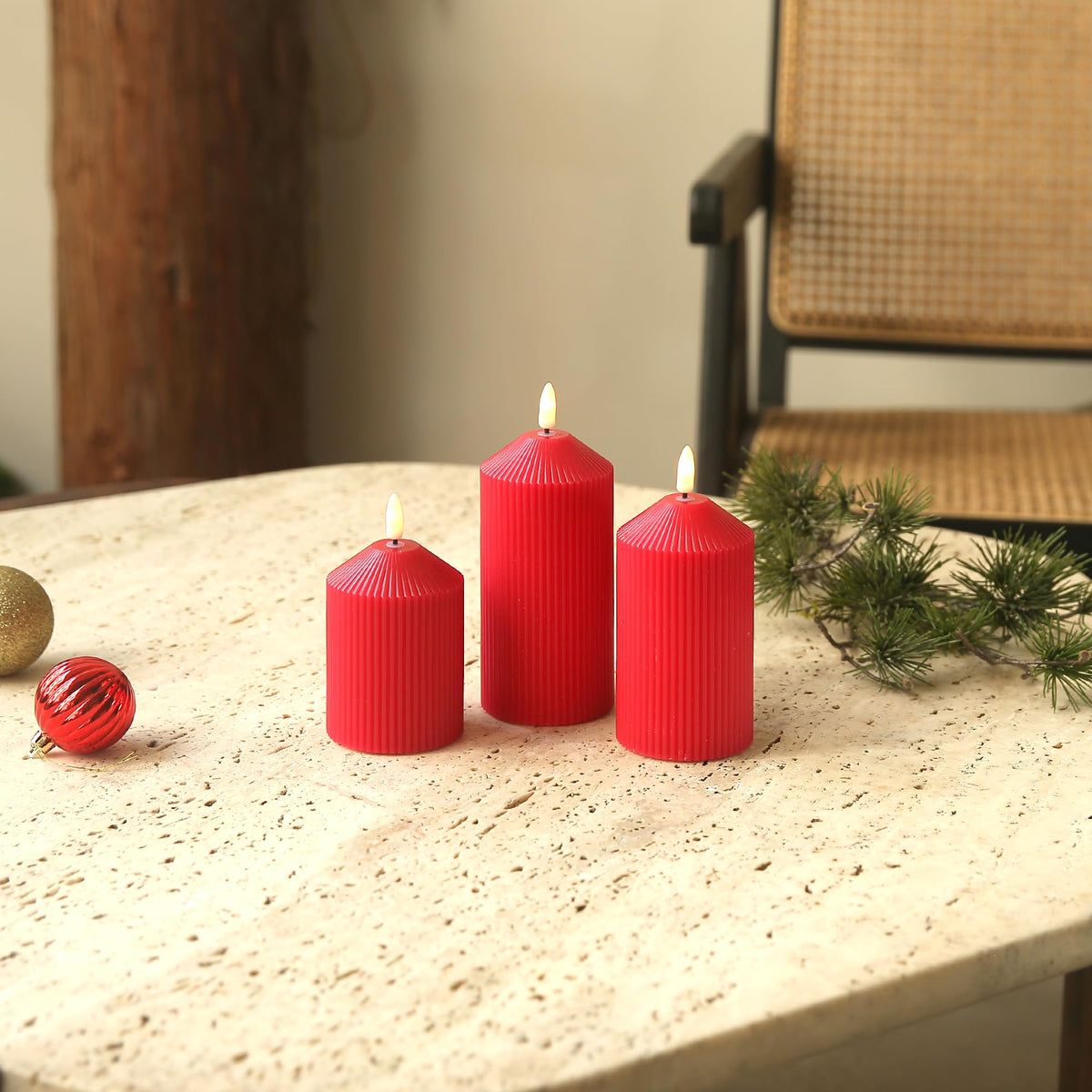 LUSHARBOR Flameless Candles with Remote, Battery Operated Candles Real Wax LED Fake Pillar Candles with Timer Flickering Flame for Wedding Home Party, Set of 3 Red