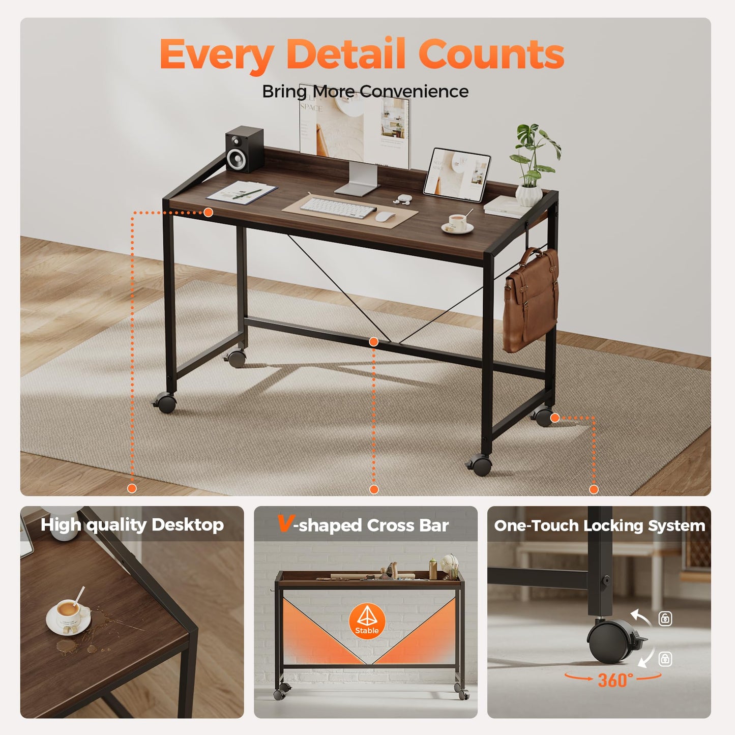 Mericonia 40 inch Rolling Computer Desk with Wheels, Gaming Desk for Small Spaces, Modern Simple Style Table for Home Office, Study Writing Table