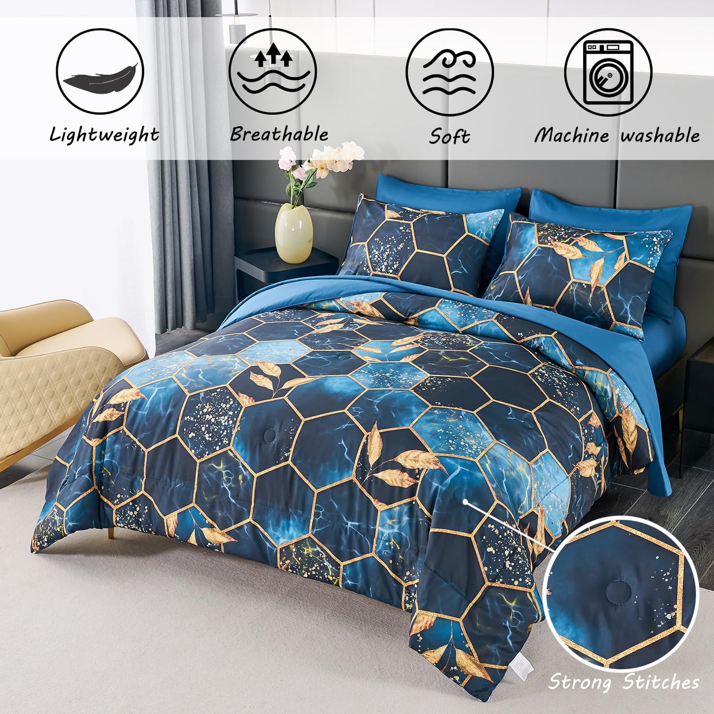 ZRNBAST 7 Pieces King Comforter Set with Sheets Drak Blue Geometric Honeycomb Bed Set Lightweight Gold Trim Print Marble King Size Quilt Set for Women Men(Royal Blue, King)