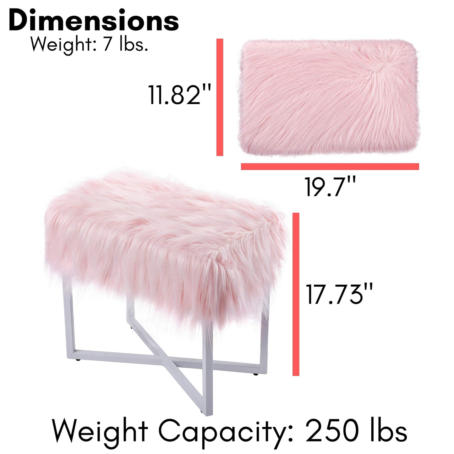 BIRDROCK HOME Rectangular Faux Fur Vanity Foot Stool Ottoman with Metal Legs - Small Soft Padded and Fluffy Makeup Seat or Foot Rest for Bedroom, Desk, or Dressing Table (Pink and White)