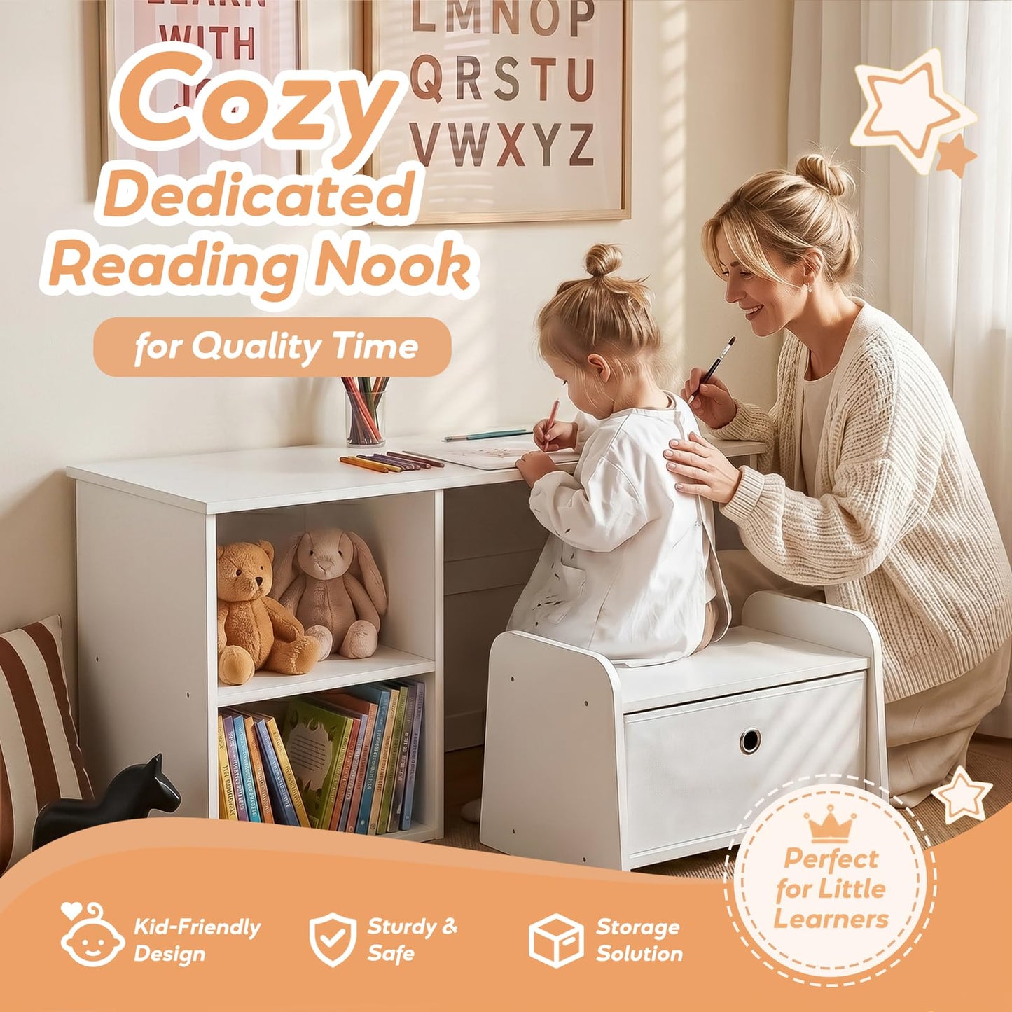 Faesun 3-in-1 Toddler Bookshelf, Montessori Bookshelf with Bench, Bookshelf for Kids with Reading Nook & Toy Organizers & Storage, Book Shelf for Kids Rooms, Nursery, Playroom, Bedroom, White
