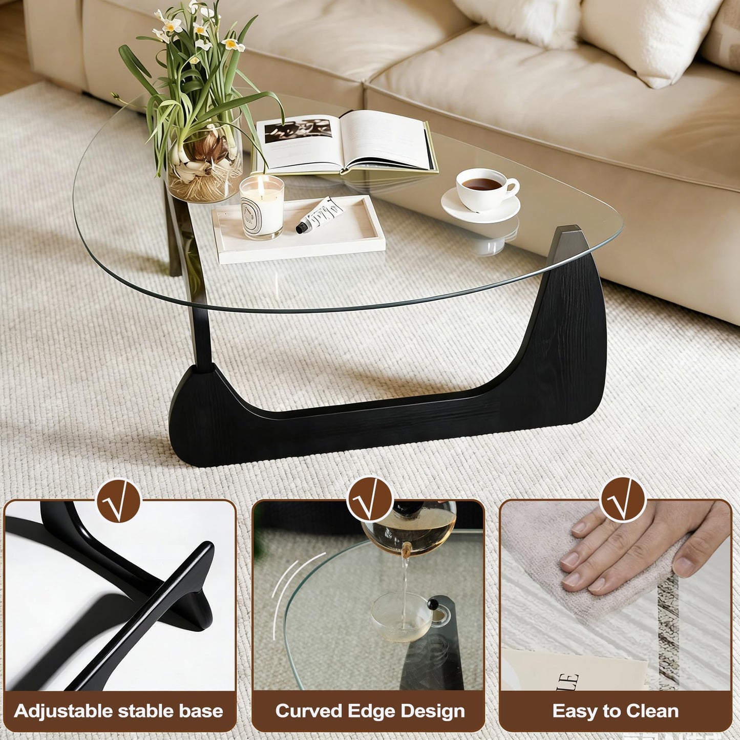 DESYIFO Morden Coffee Table, 44.9″×32.3″×15.8″ Coffee Tables for Living Room, with Triangle Tempered Glass Top & Wood, Abstract
