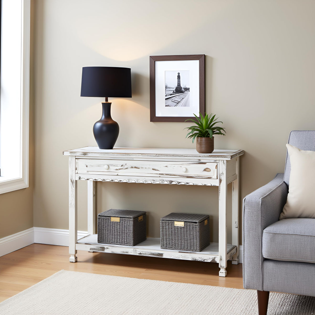 Alaterre Furniture Rustic Country Cottage Console Table with 1 Drawer & 1 Shelf, Distressed Finish - Perfect for Living Room, Entryway, Hallway