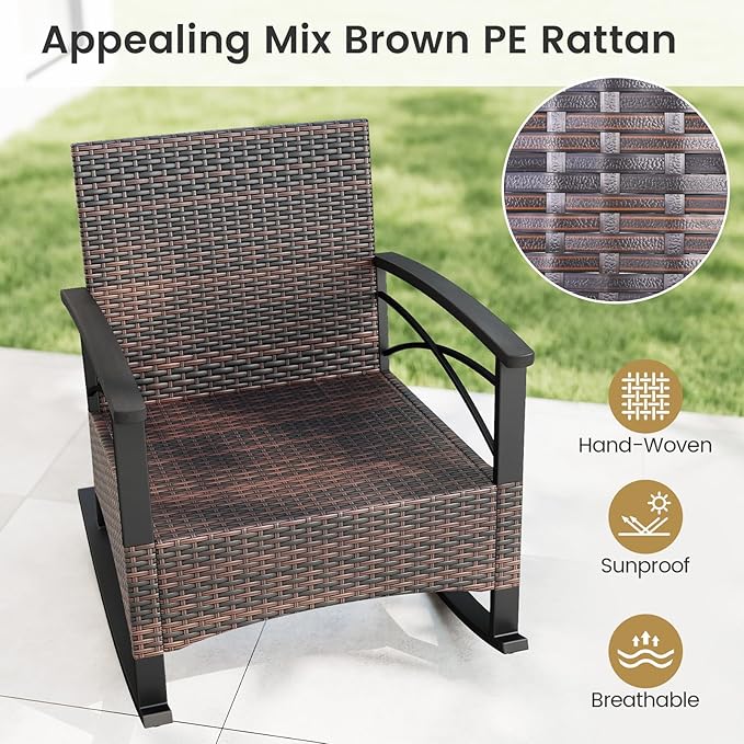 Tangkula 3 Piece Rattan Rocking Chair Set, Patio Rocker Bistro Set