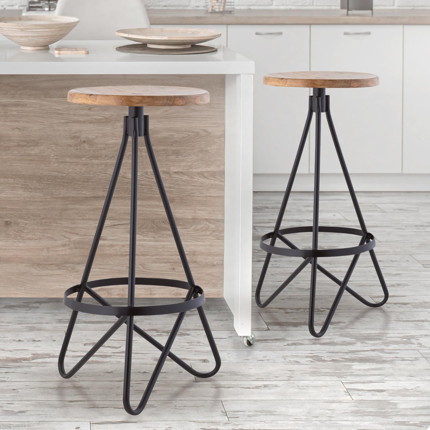 JONATHAN Y Spiroa 30" Modern Wood Backless Bar Stool, Natural Brown & Black Iron Hairpin Leg Bar Chair with Footrest for Kitchen Island and Home Bar, Minimalist Design BSL1000E