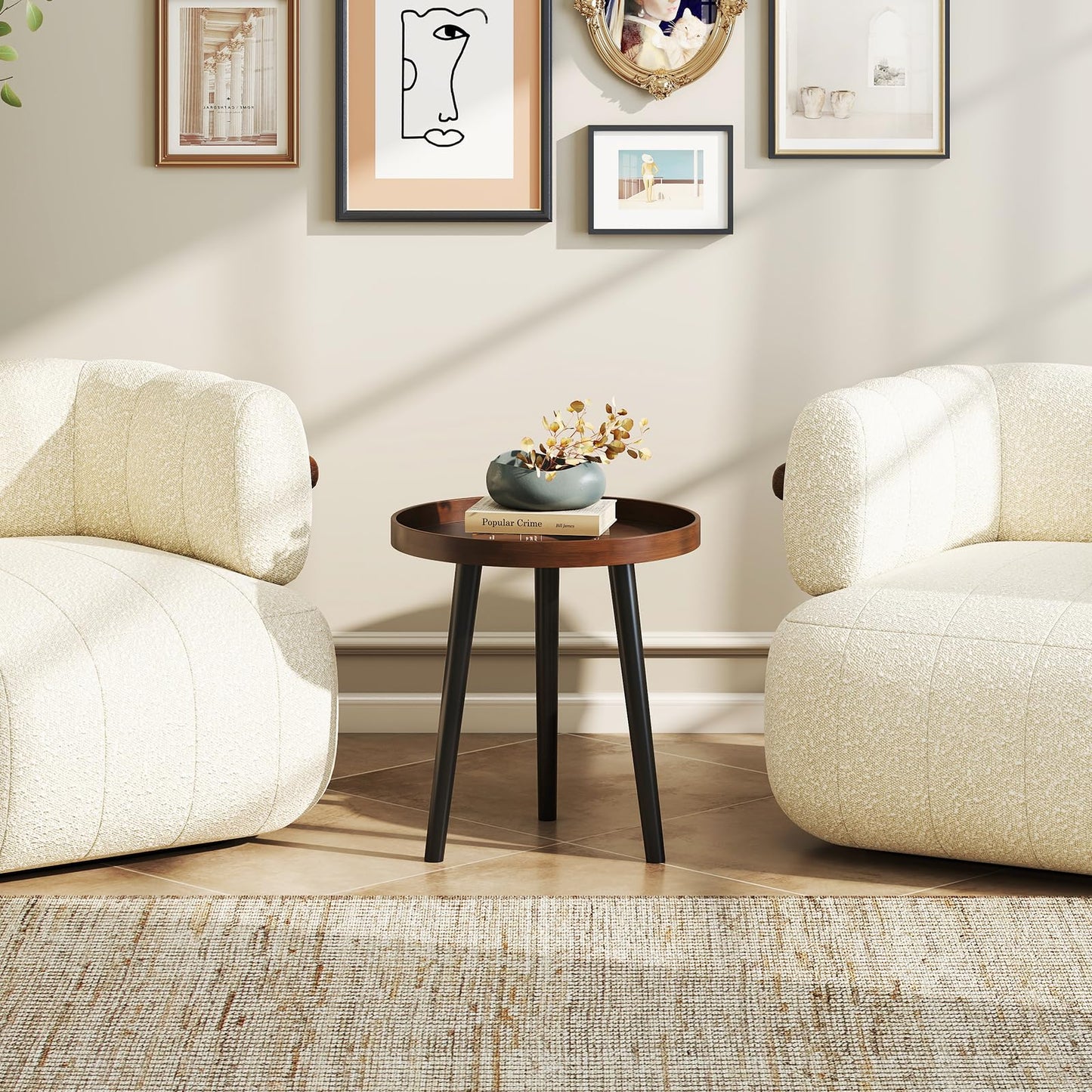Giantex Round End Table, Mid Century Modern Side Table with Wooden Tray & Bamboo Legs, Sofa Couch Accent Table, Small Coffee Table for Small Space Living Room, Nightstand for Bedroom, Walnut
