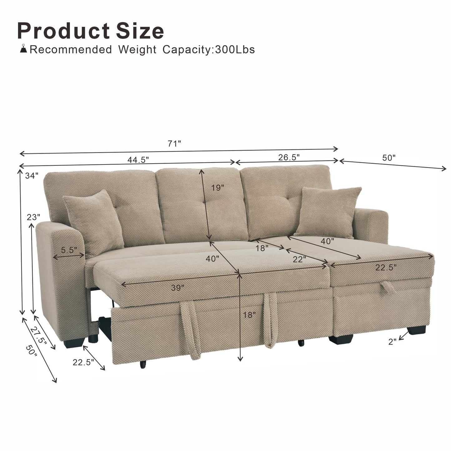 WuerQi 71" Sofa Bed with Queen Size Pull Out Couch, Sectional Sleeper Sofa with Reversible Storage Chaise, L Shaped Couch for Living Room, Apartment and Small Spaces (Camel-L Shaped)