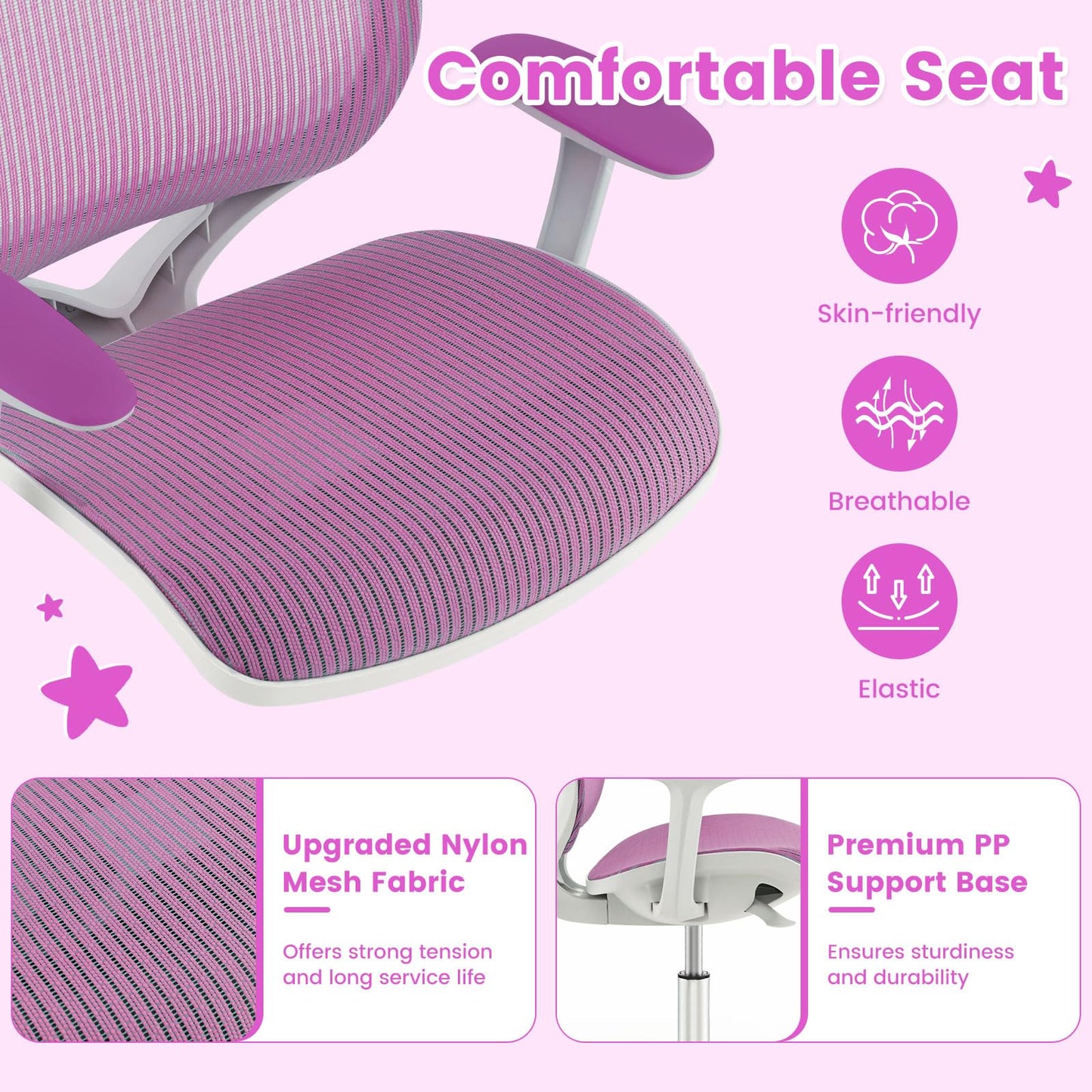 Costzon Kids Desk Chair, Height Adjustable Children Study Computer Chair with Armrests, Sit-Brake Casters, Swivel Mesh Task Chair for Boys Girls Teens Students, Kids Chair for Home, Office (Purple)