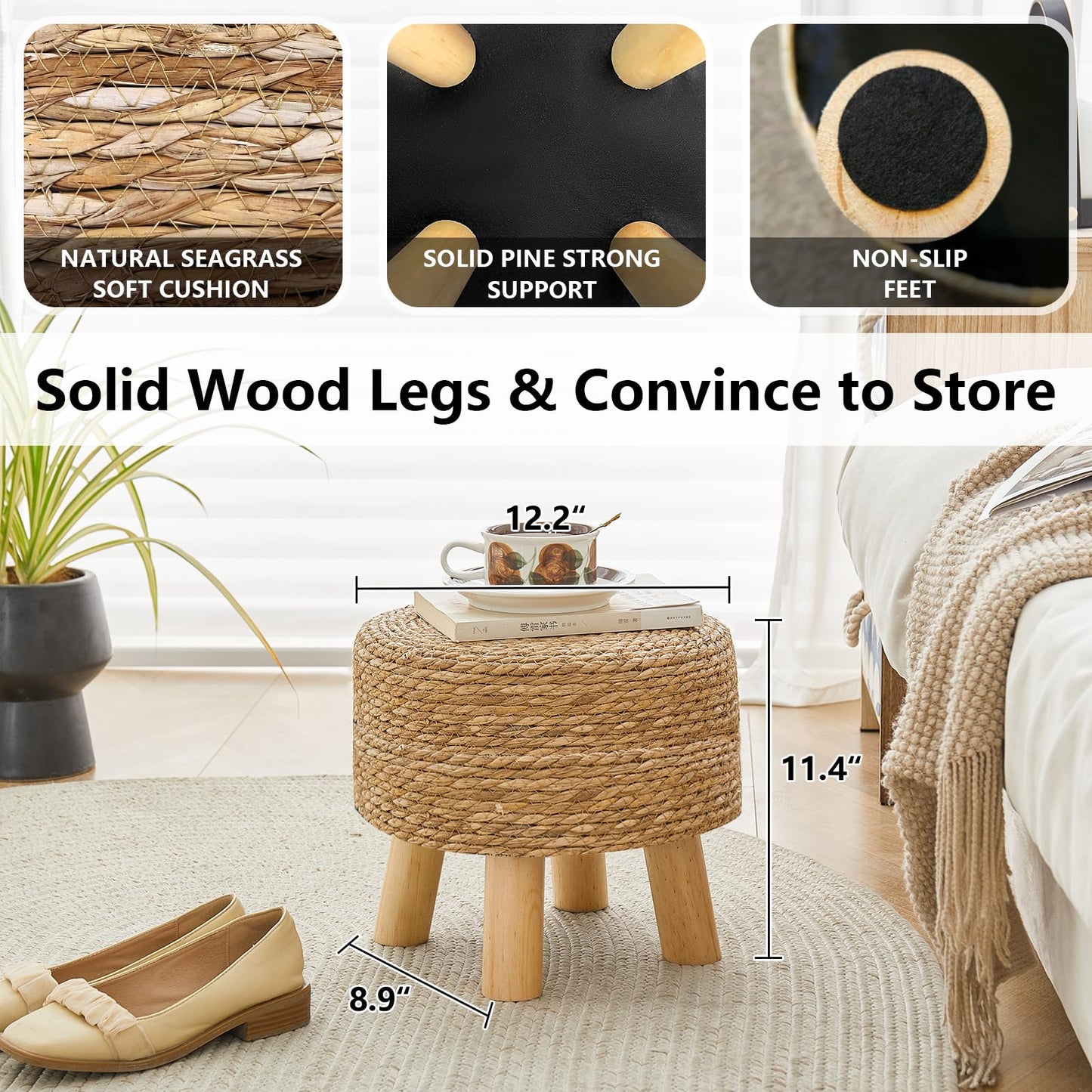 ALeesing Round Ottoman Natural Seagrass Footstool, Round Footstool with 4 Wood Legs, Hand Woven Round Footstool Sofa Stool, Multifunctional Modern Dressing Stool, Sofa Side Table for Bedroom (Nature)