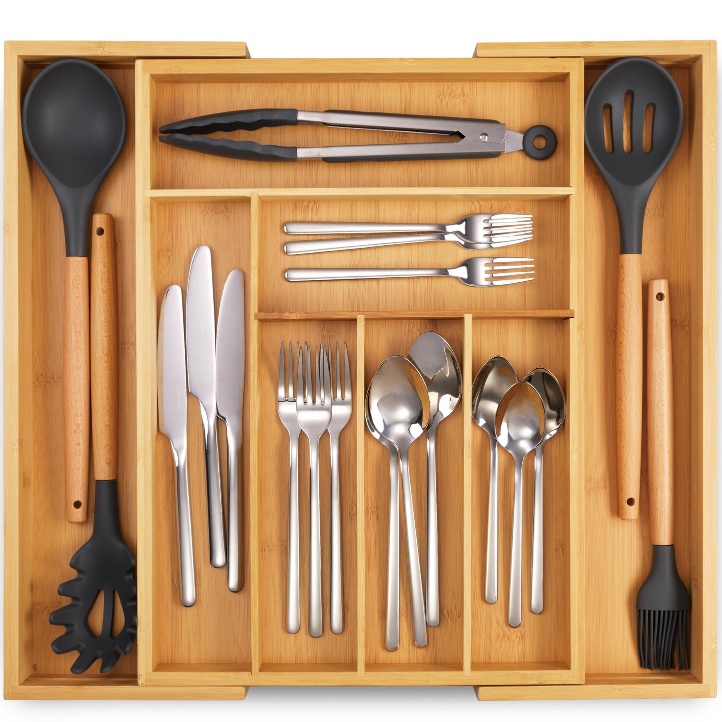 Masirs Expandable Bamboo Kitchen Drawer Organizer - Adjusts to Fit Drawer Size, Ideal for Silverware, Utensils, and Office Supplies, Durable Bamboo Construction