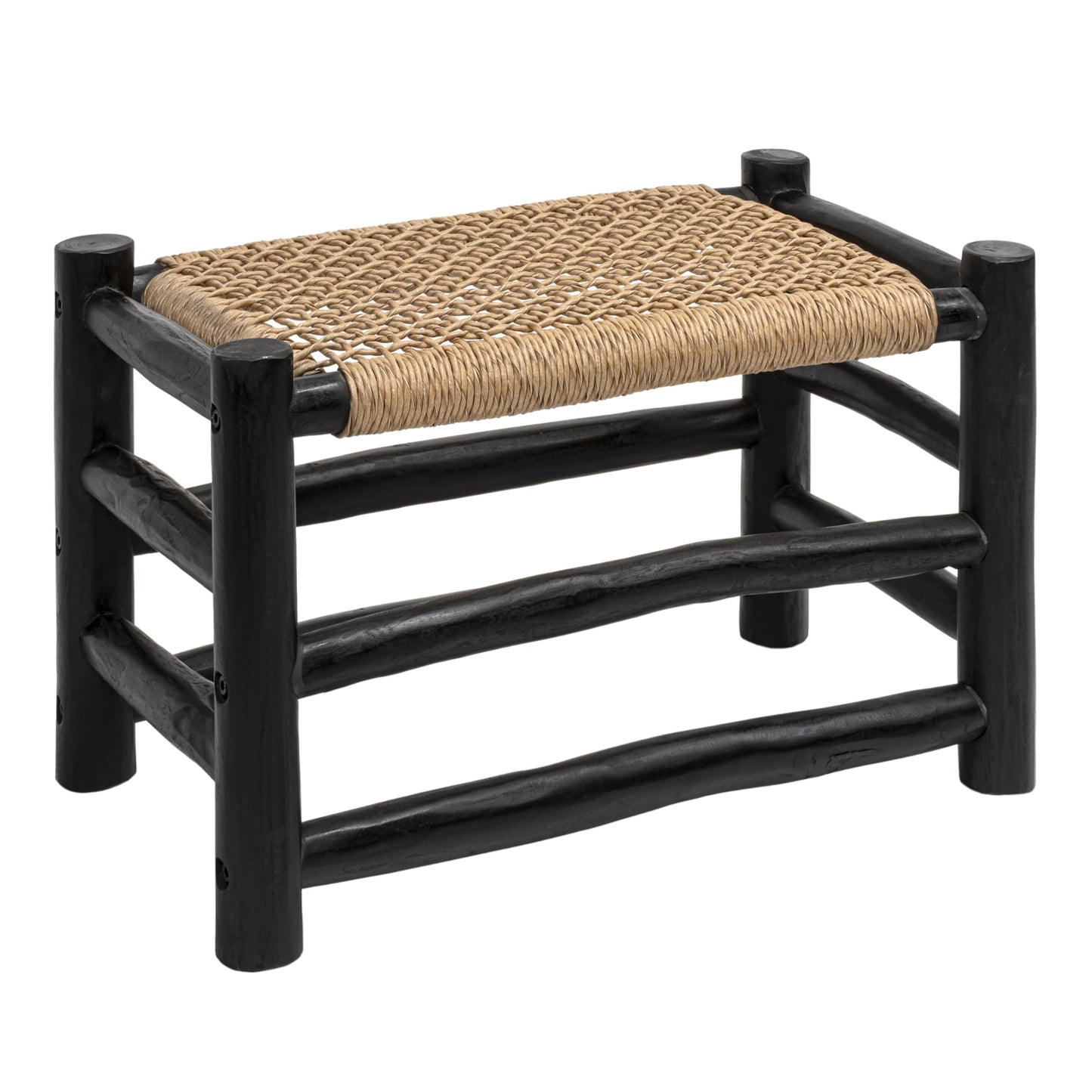 JONATHAN Y Chuck Bohemian Teak Wood Indoor Outdoor Accent Stool, 28" Handcrafted Backless Bench with Woven Synthetic Rattan Seat, Black Finish for Patio, Living Room, or Entryway STL3001B