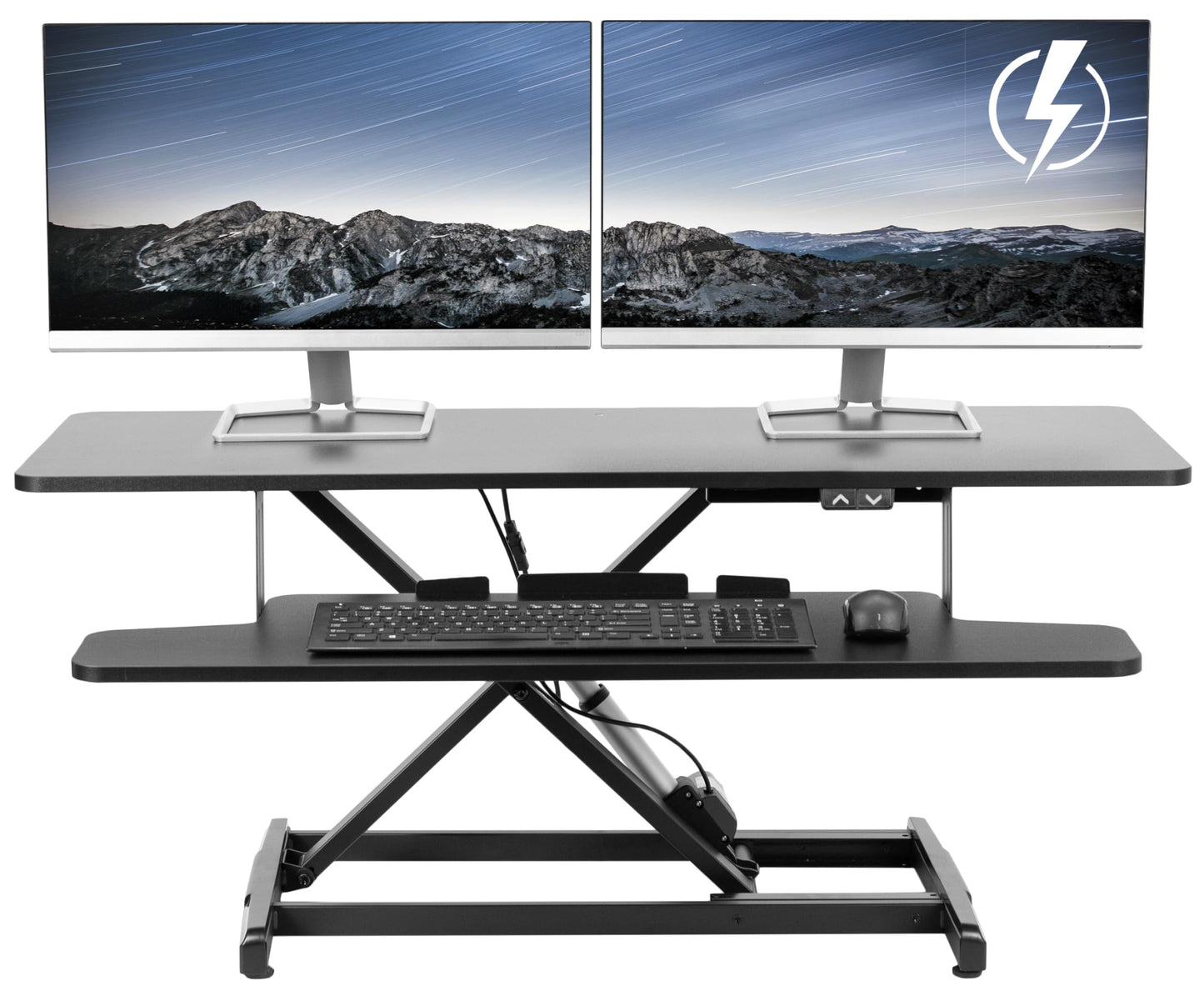 VIVO 42 inch Electric Motor Desk Converter, Height Adjustable Riser, Sit to Stand Dual Monitor and Laptop Workstation with Wide Keyboard Tray, Black, DESK-VE42B