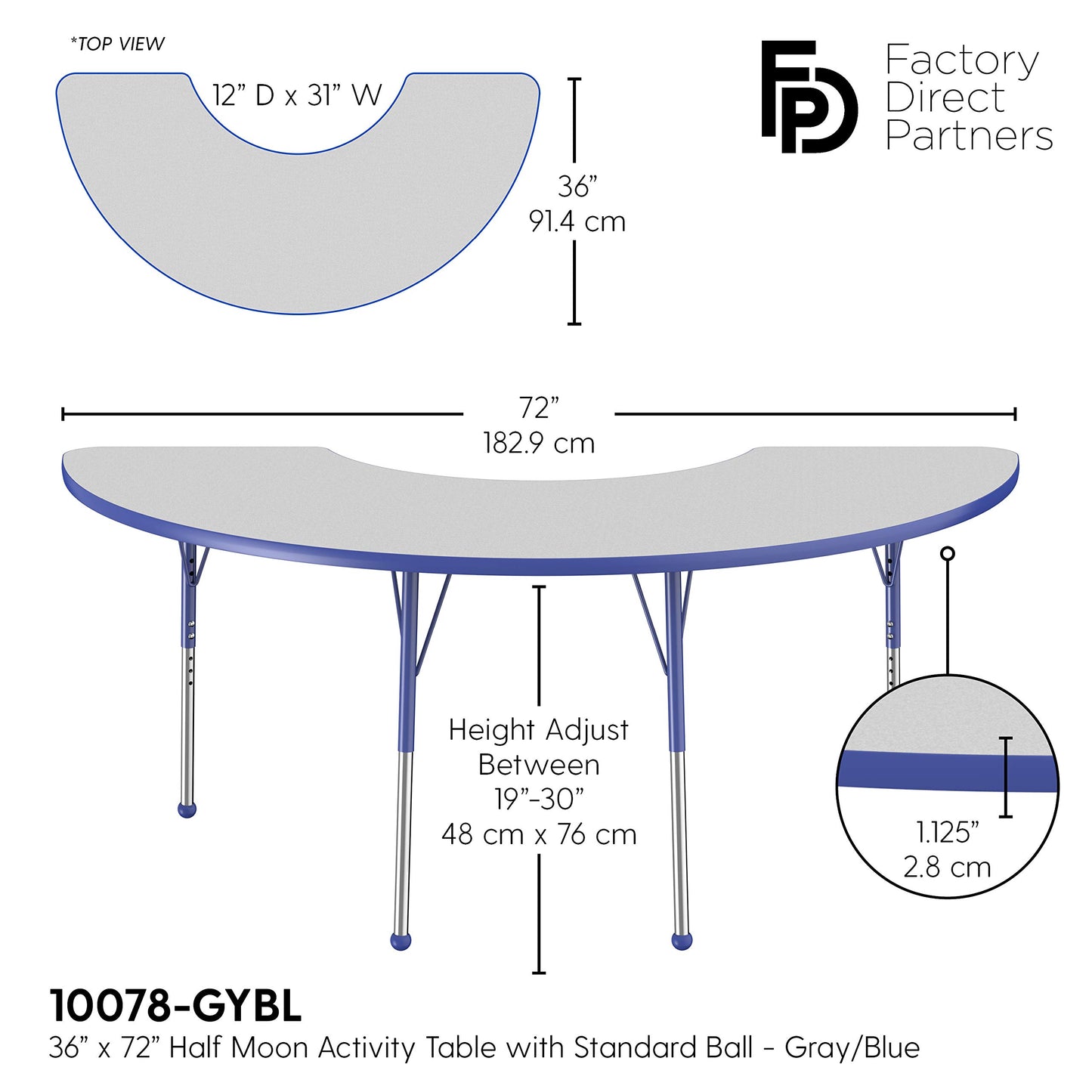 FDP Half Moon Activity School and Office Table (36 x 72 inch), Standard Legs with Ball Glides for Collaborative Seating Environments, Adjustable Height 19-30 inches - Gray Top and Blue Edge