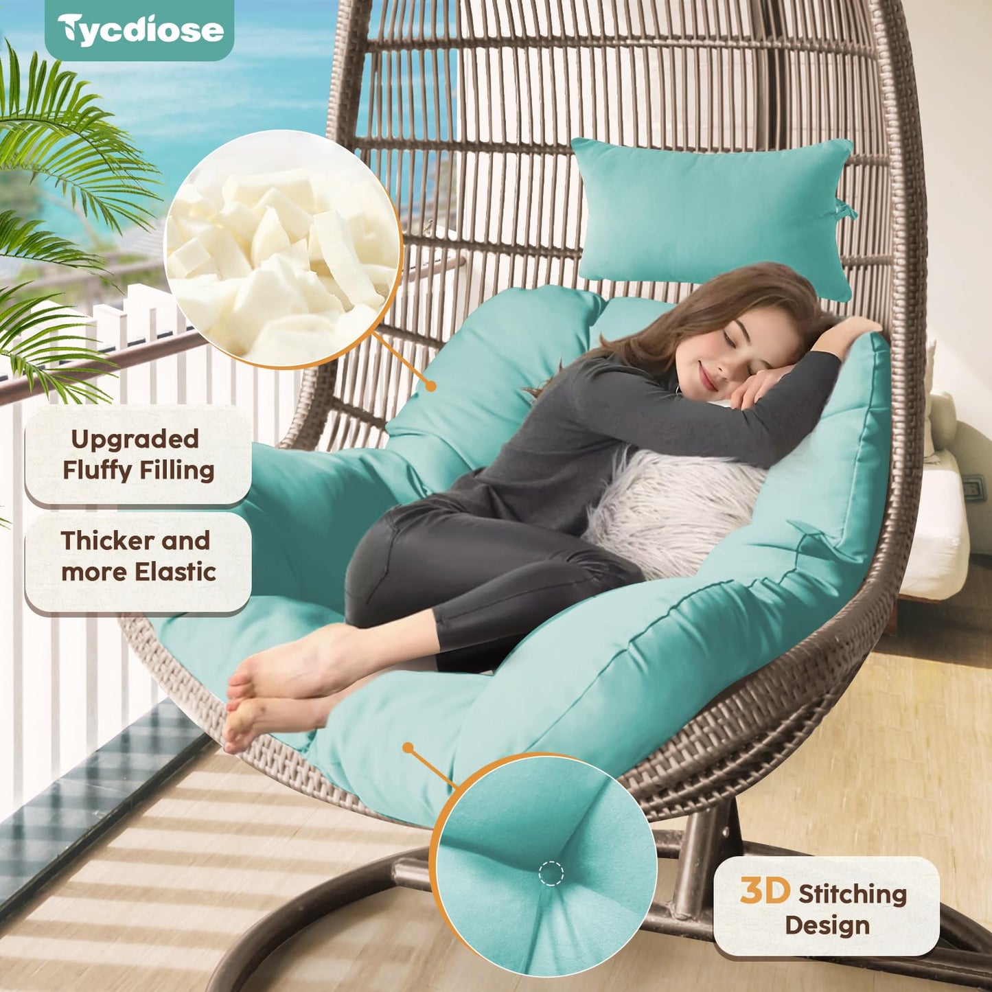 Tycdiose Outdoor Hanging Egg Chair Cushion Replacement, Thicken Egg Chair Cushion Waterproof Basket Eggs Chairs Cushion with Headrest Pillow, U-Shaped Cushions for Hanging Eggs Chairs Swing (Teal)