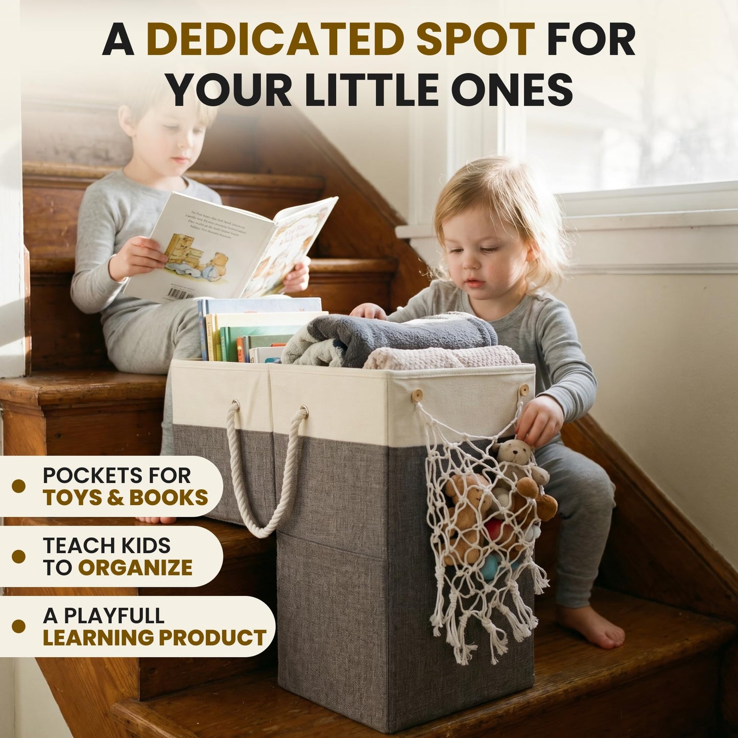DONAQ Stair Basket with Hammock for Carpeted & Wooden Stairs – Staircase Basket Organizer for Laundry, Toys, Books, Blankets & Household Storage - Large Stairstep Basket Bin with Cotton Handle