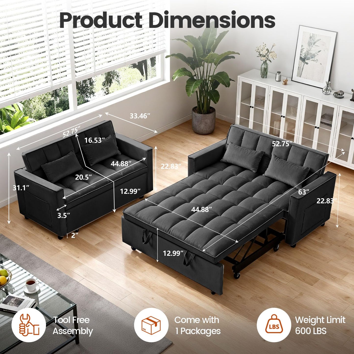 Trygoal 3 in 1 Sofa Bed, Loveseat Sleeper Sofa Bed with Side Pockets, Velvet Fabric Pull Out Couch with Adjustable Backrest for Living Room, Bedroom, Apartment, Black
