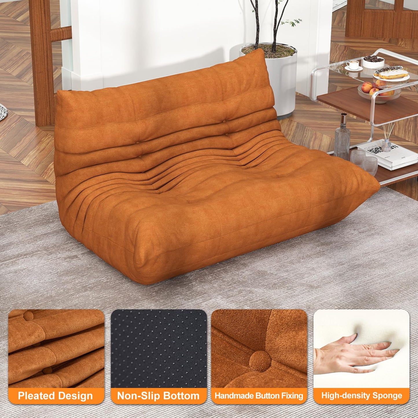 Full Foam Loveseat Sofa,Adults Bean Bag Chairs Floor Couch with Soft Waterproof Fabric,Armless Fireside Lounge Chair for Living Room,Apartment and Office (DarkOrange)